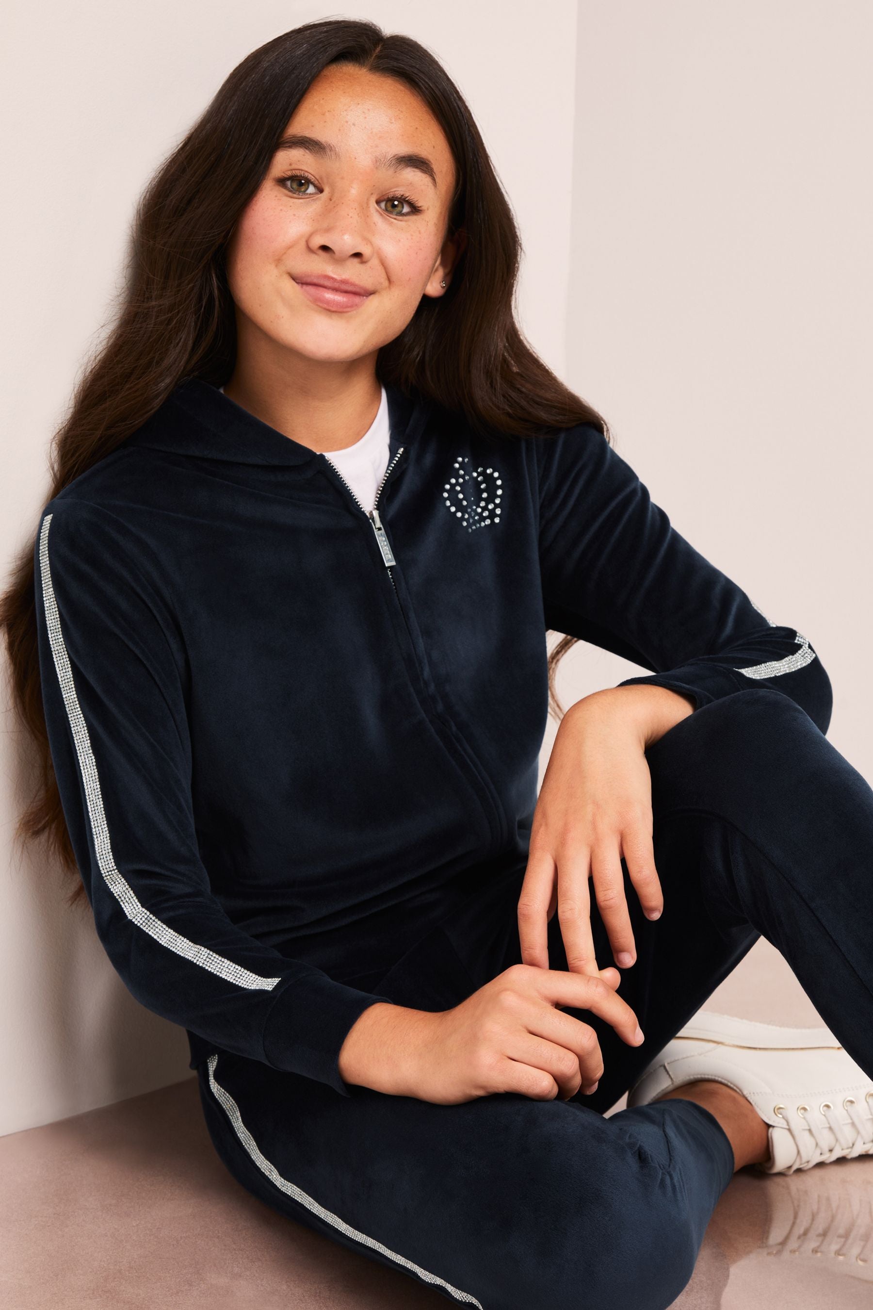 Navy Blue Embellished Velour Zip Up Hoodie