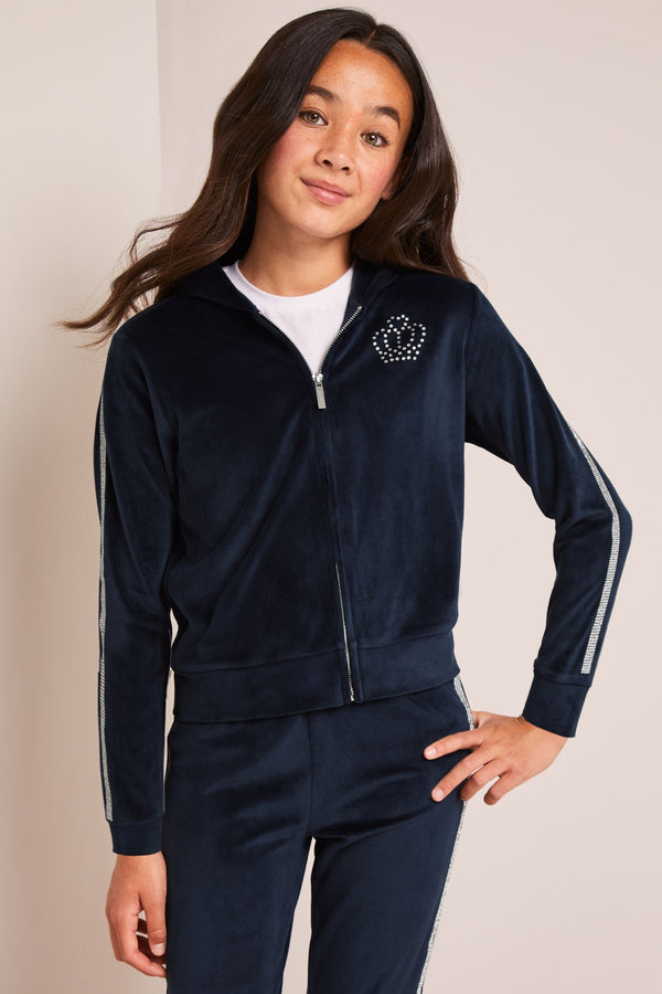 Navy Blue Embellished Velour Zip Up Hoodie