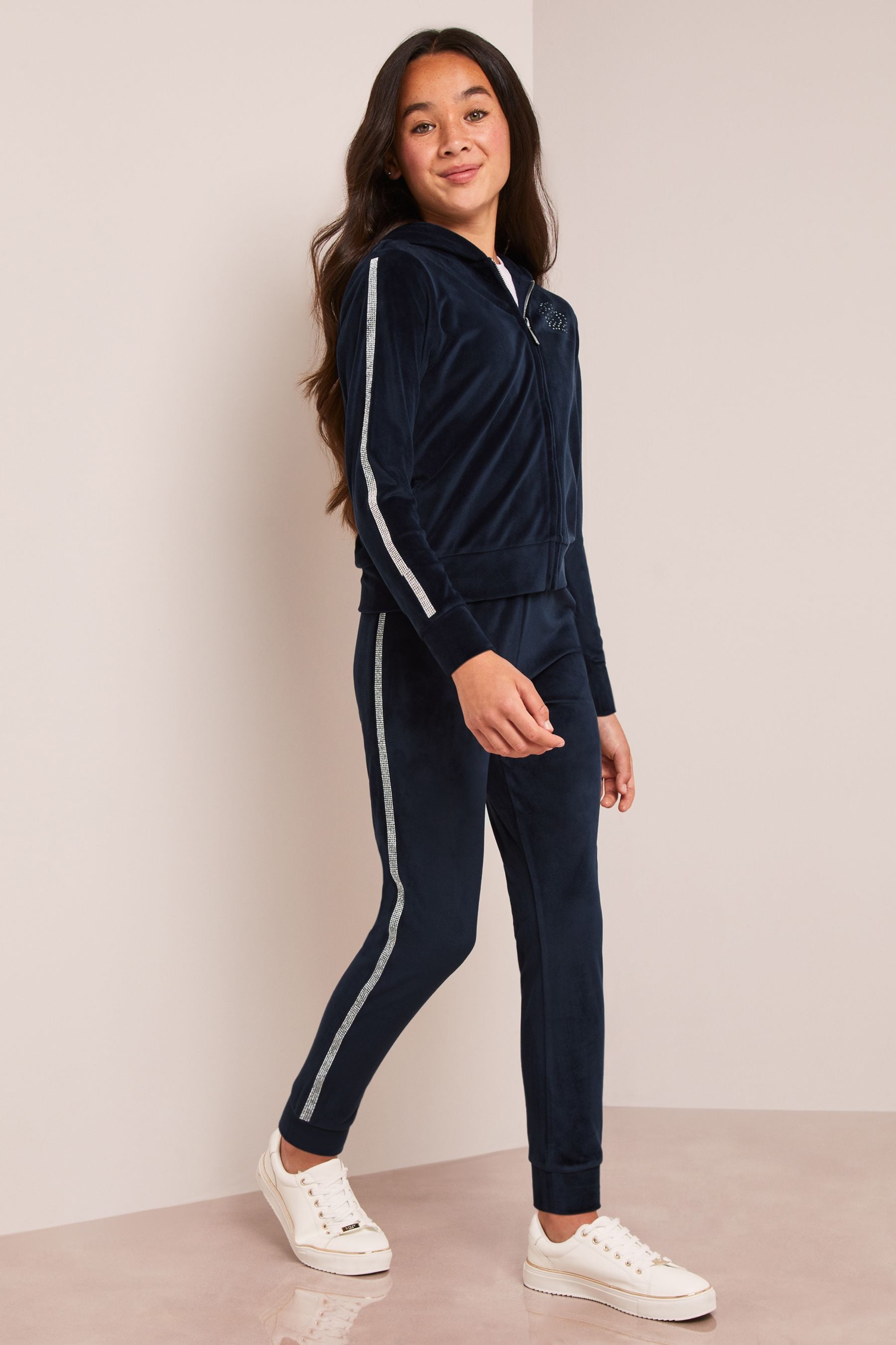 Navy Blue Embellished Super Soft Cuffed Velour Joggers