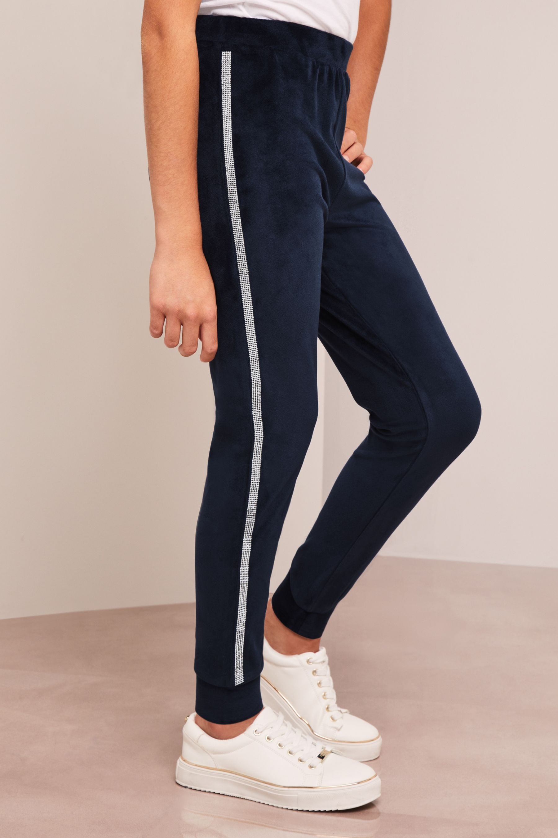 Navy Blue Embellished Super Soft Cuffed Velour Joggers