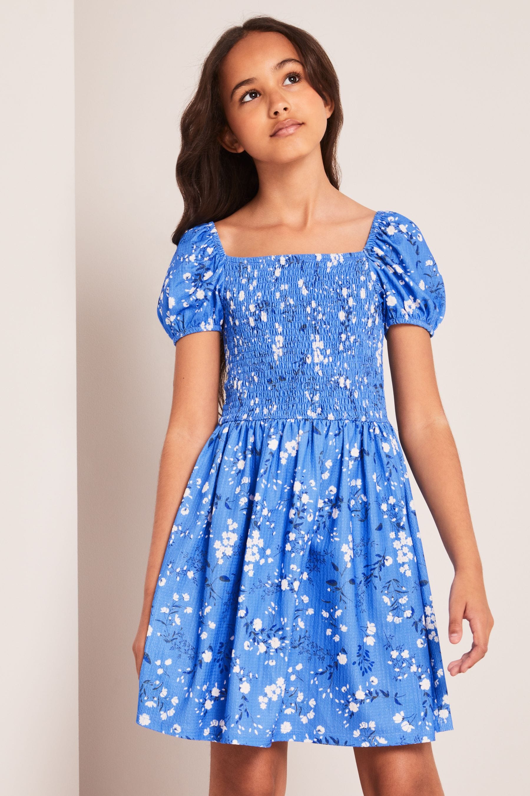 Blue Floral Puff Sleeve Square Neck Dress