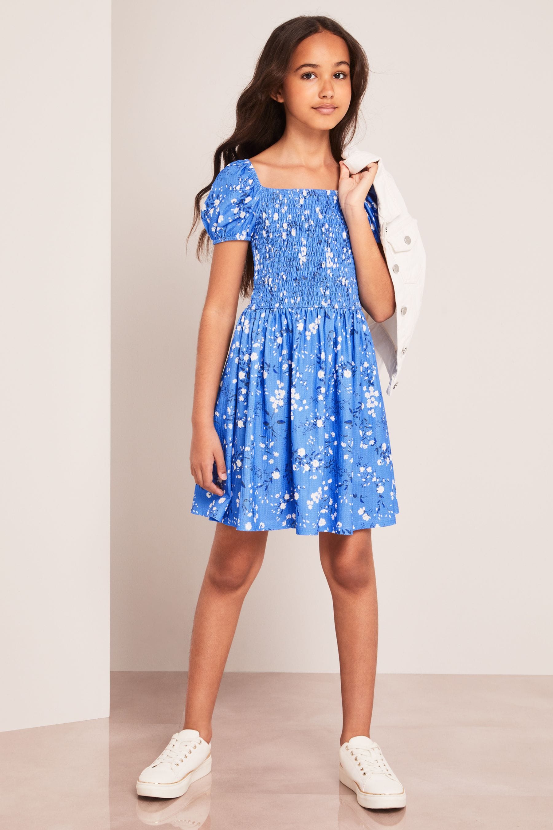 Blue Floral Puff Sleeve Square Neck Dress