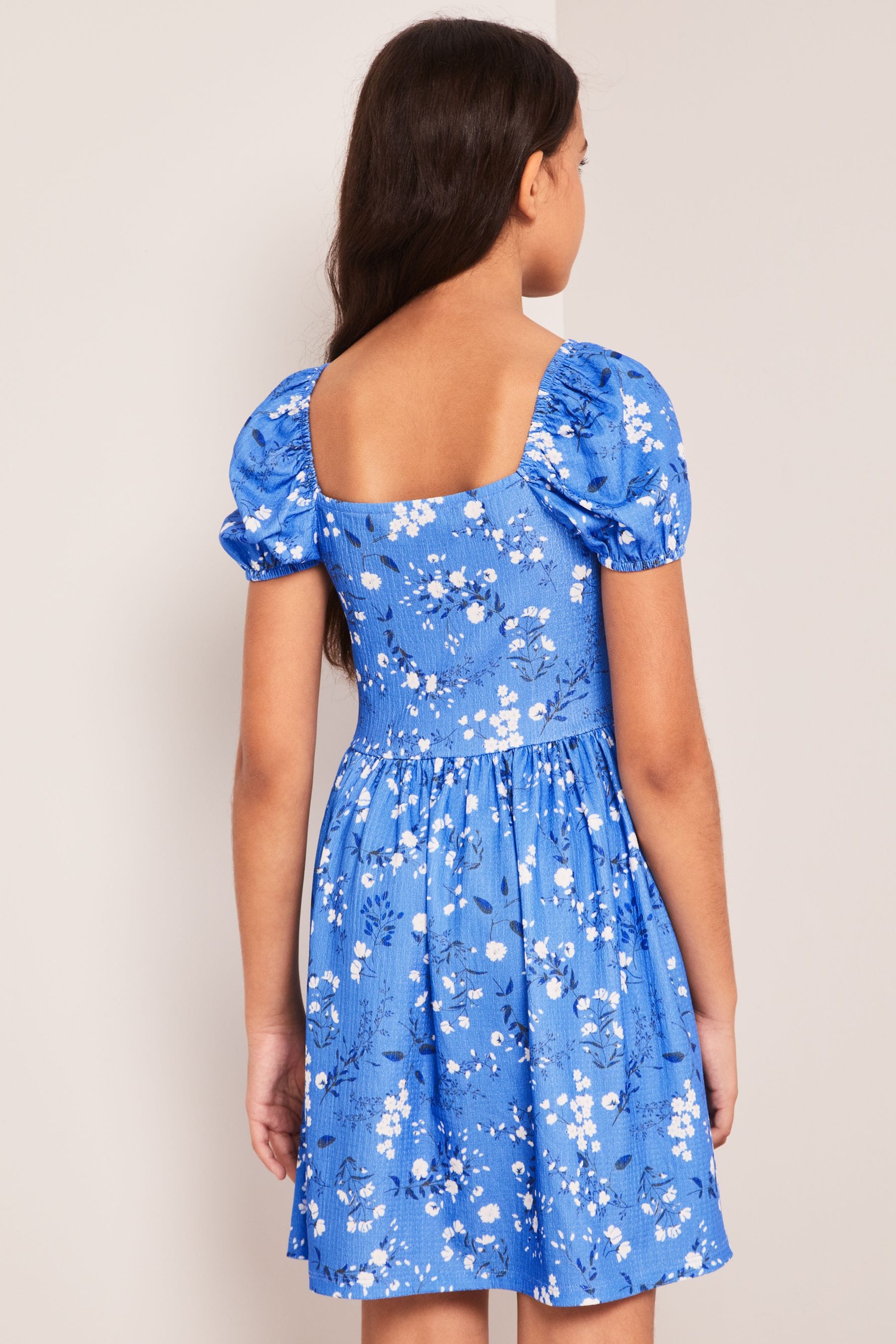 Blue Floral Puff Sleeve Square Neck Dress