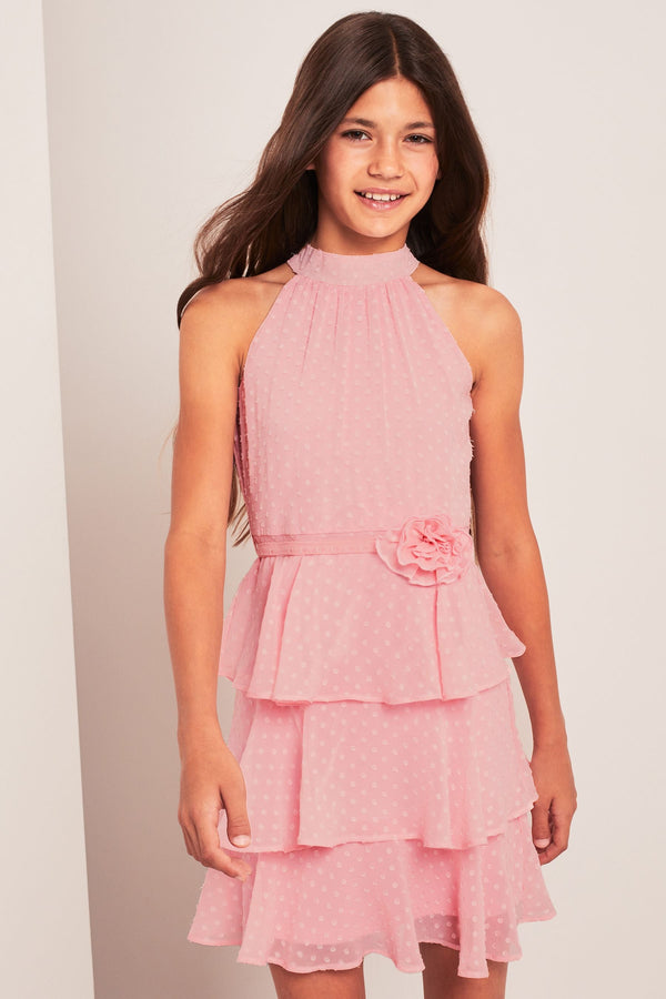 Pink Corsage Pleated Halter Belted Dress