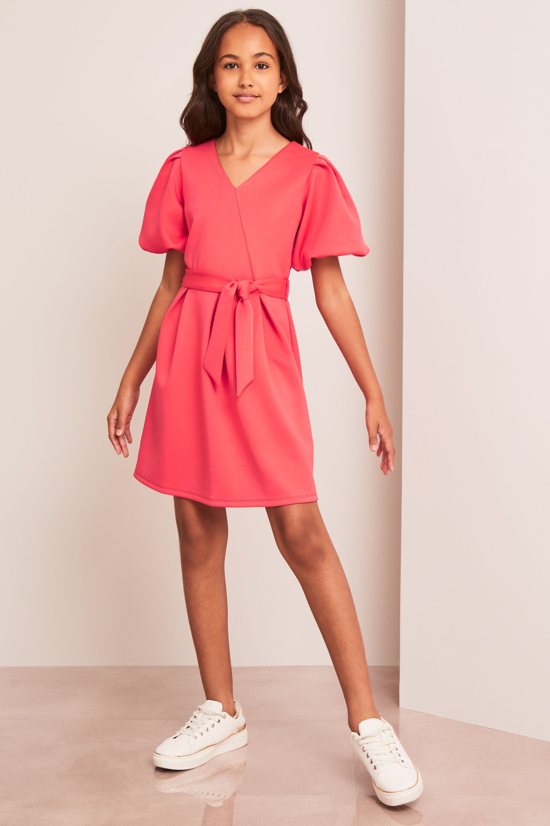 Pink Scuba Puff Sleeve Skater Dress