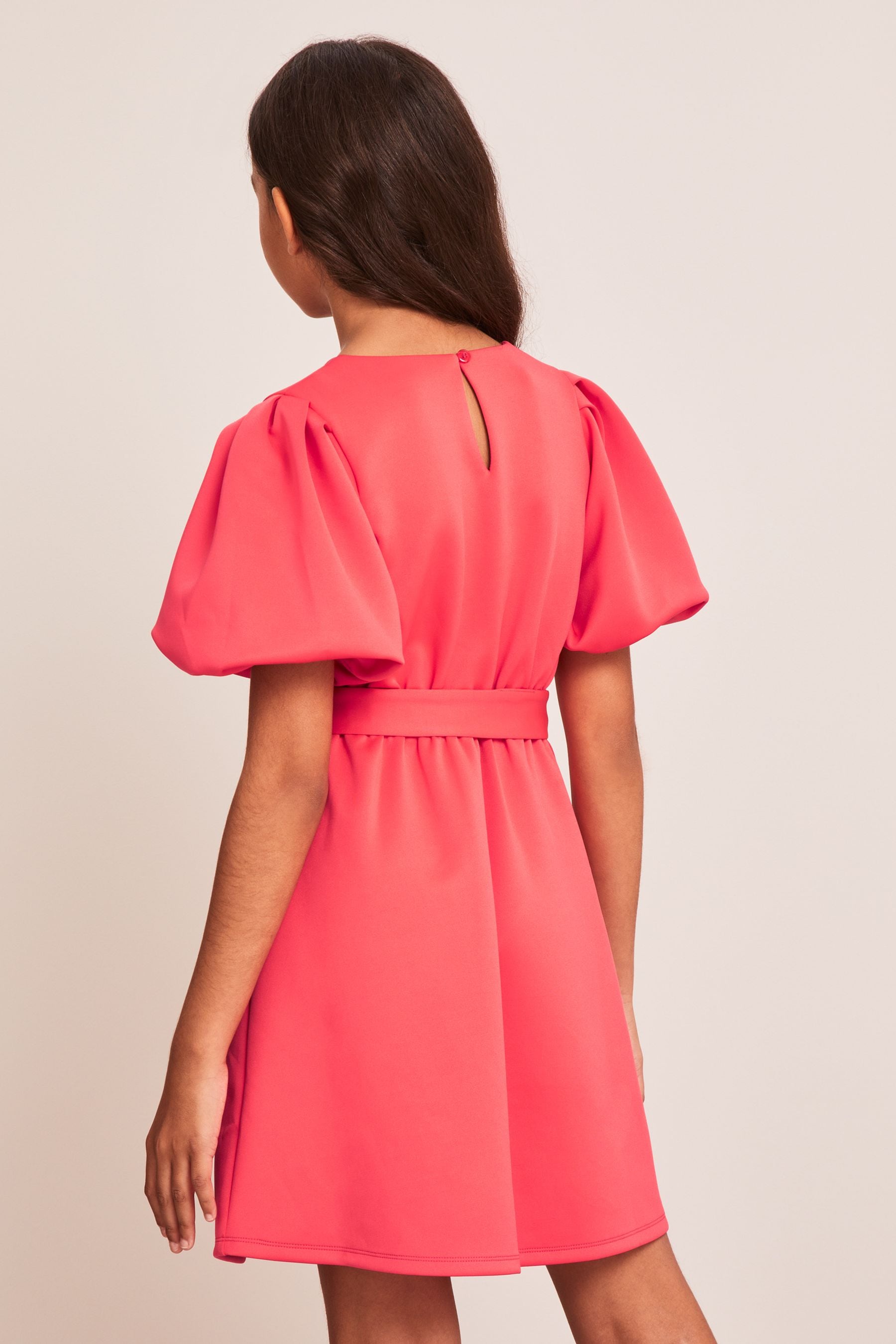 Pink Scuba Puff Sleeve Skater Dress