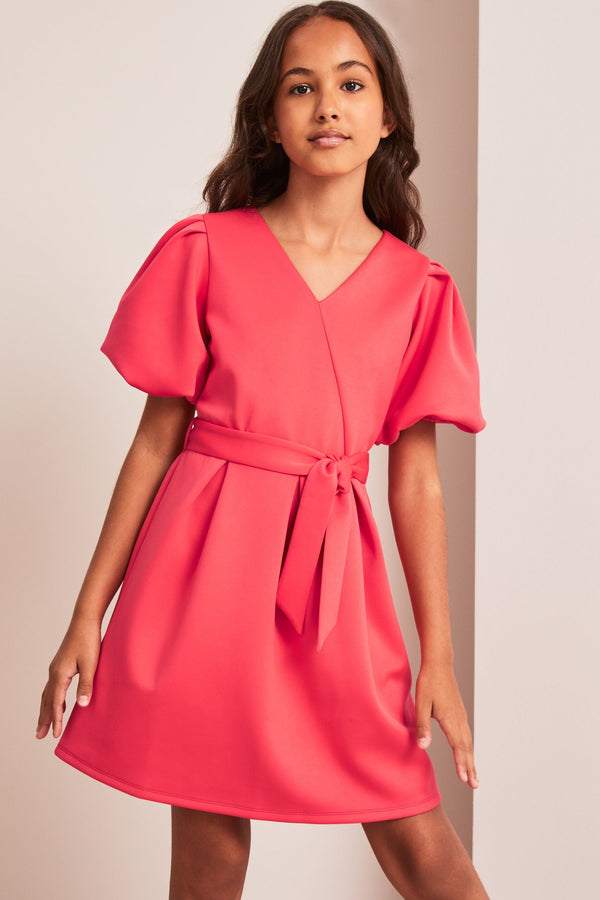 Pink Scuba Puff Sleeve Skater Dress