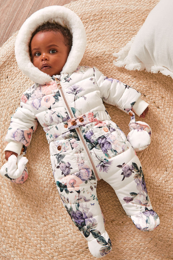 White Floral Baby Snowsuit