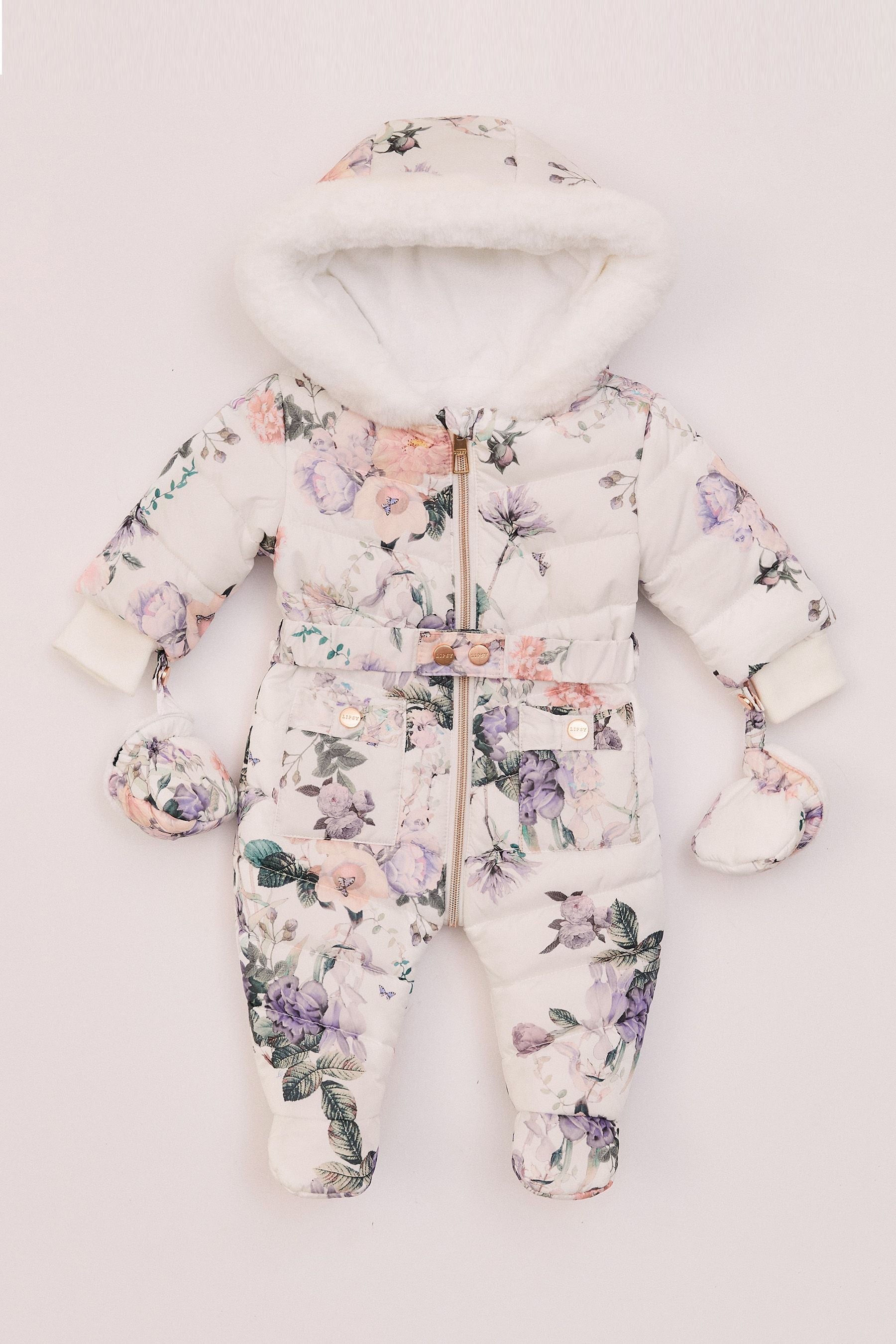 White Floral Baby Snowsuit