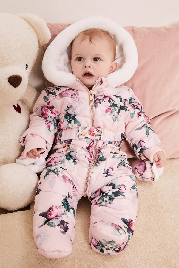 Pink Floral Fleece Lined Baby Snowsuit