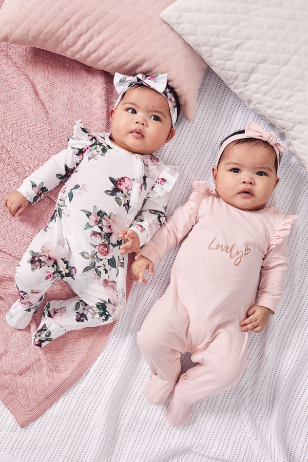 Pink And White Floral Baby 2 Pack Sleepsuit and Headbands