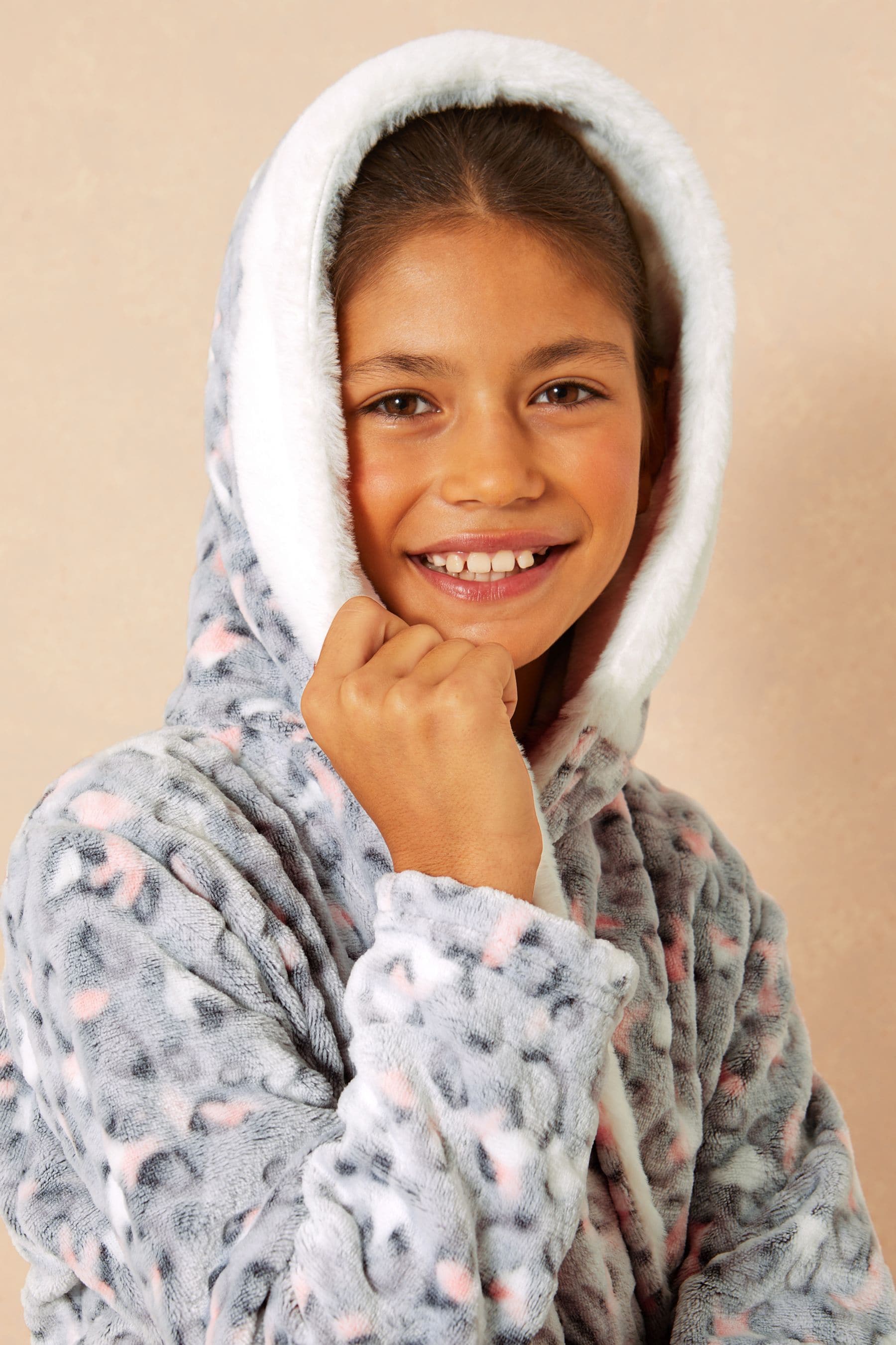 Grey Leopard Borg Embroidered Dressing Gown