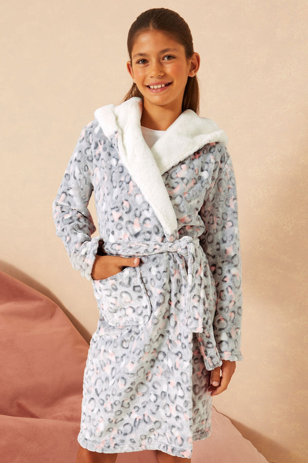 Grey Leopard Borg Embroidered Dressing Gown