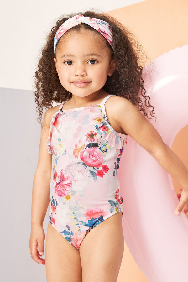 Pink Floral Mini Frill Swimsuit With Headband