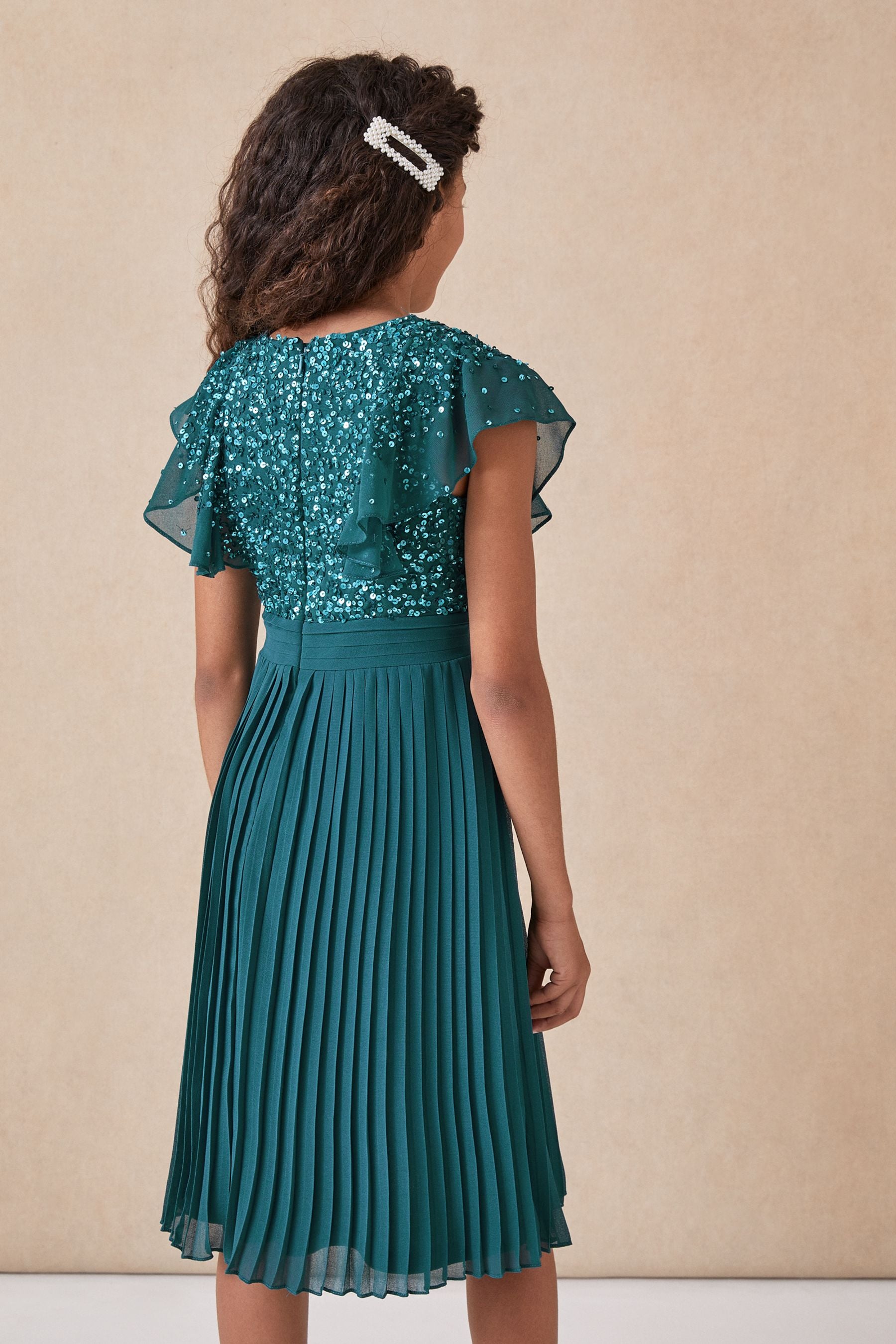 Teal Ruffle Sequin Pleated Dress