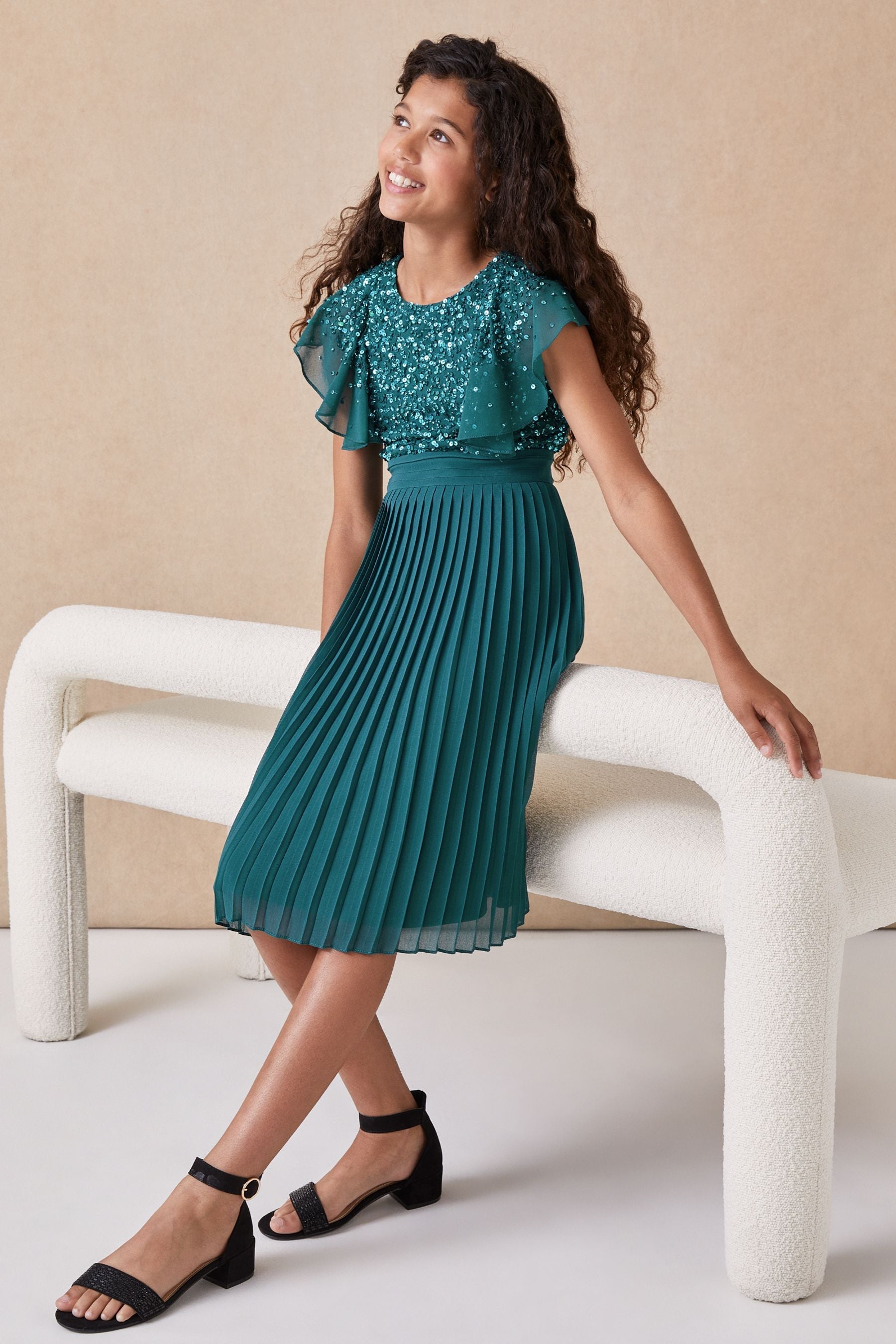 Teal Ruffle Sequin Pleated Dress