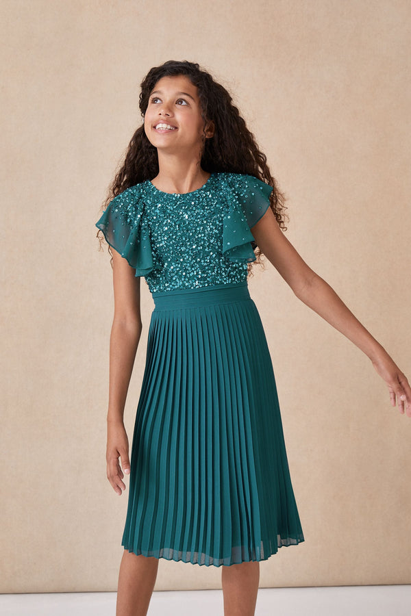 Teal Ruffle Sequin Pleated Dress