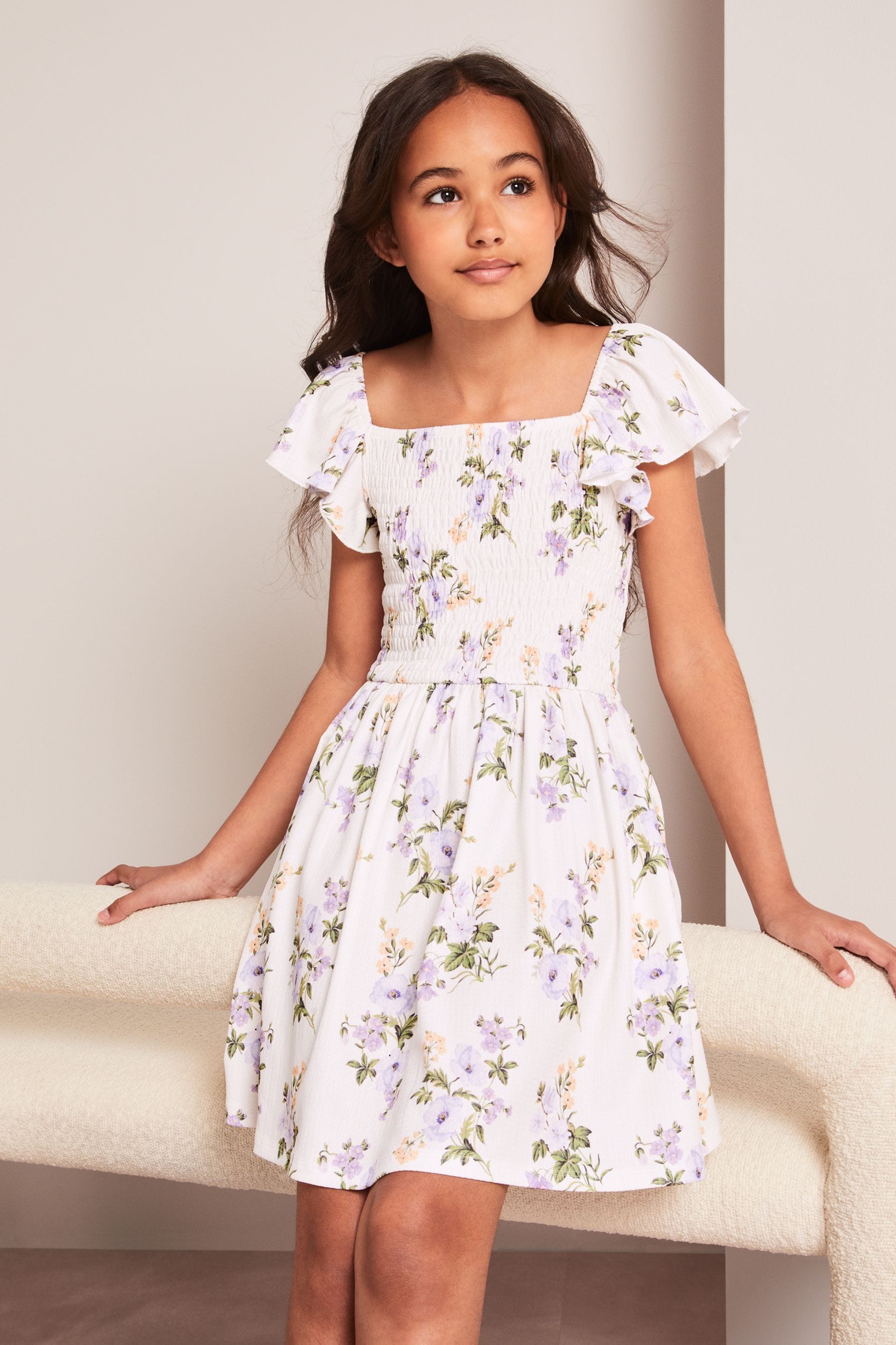 White Floral Shirred Bodice Short Sleeve Dress (3yrs-16yrs)