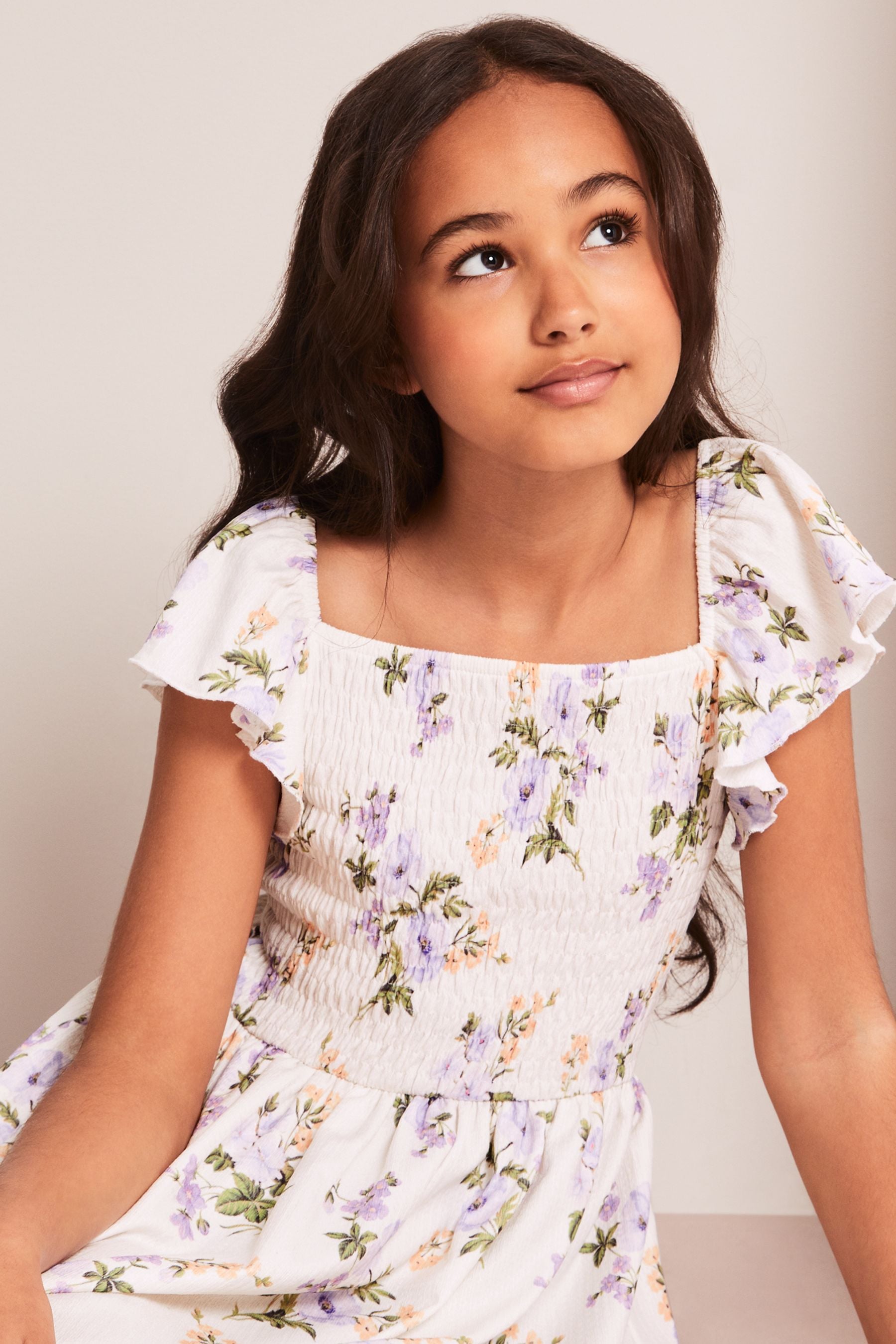 White Floral Shirred Bodice Short Sleeve Dress (3yrs-16yrs)