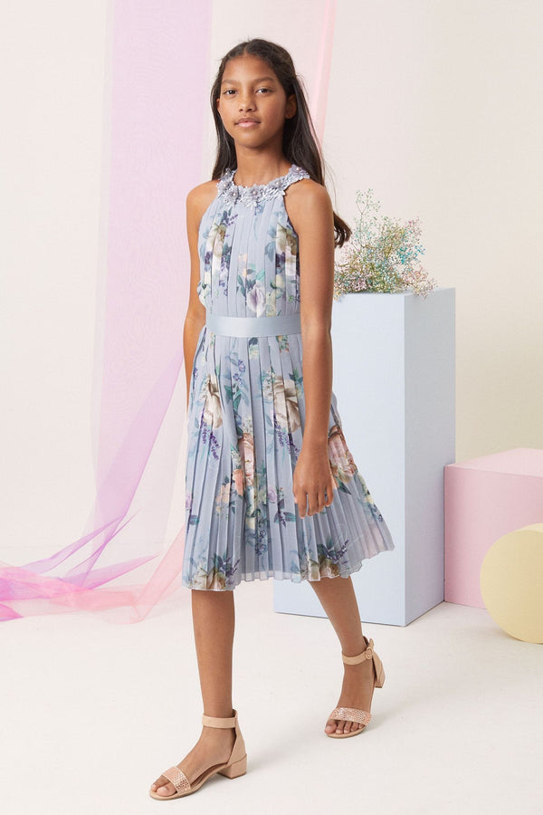 Blue Floral Pleated Chiffon Occasion Dress