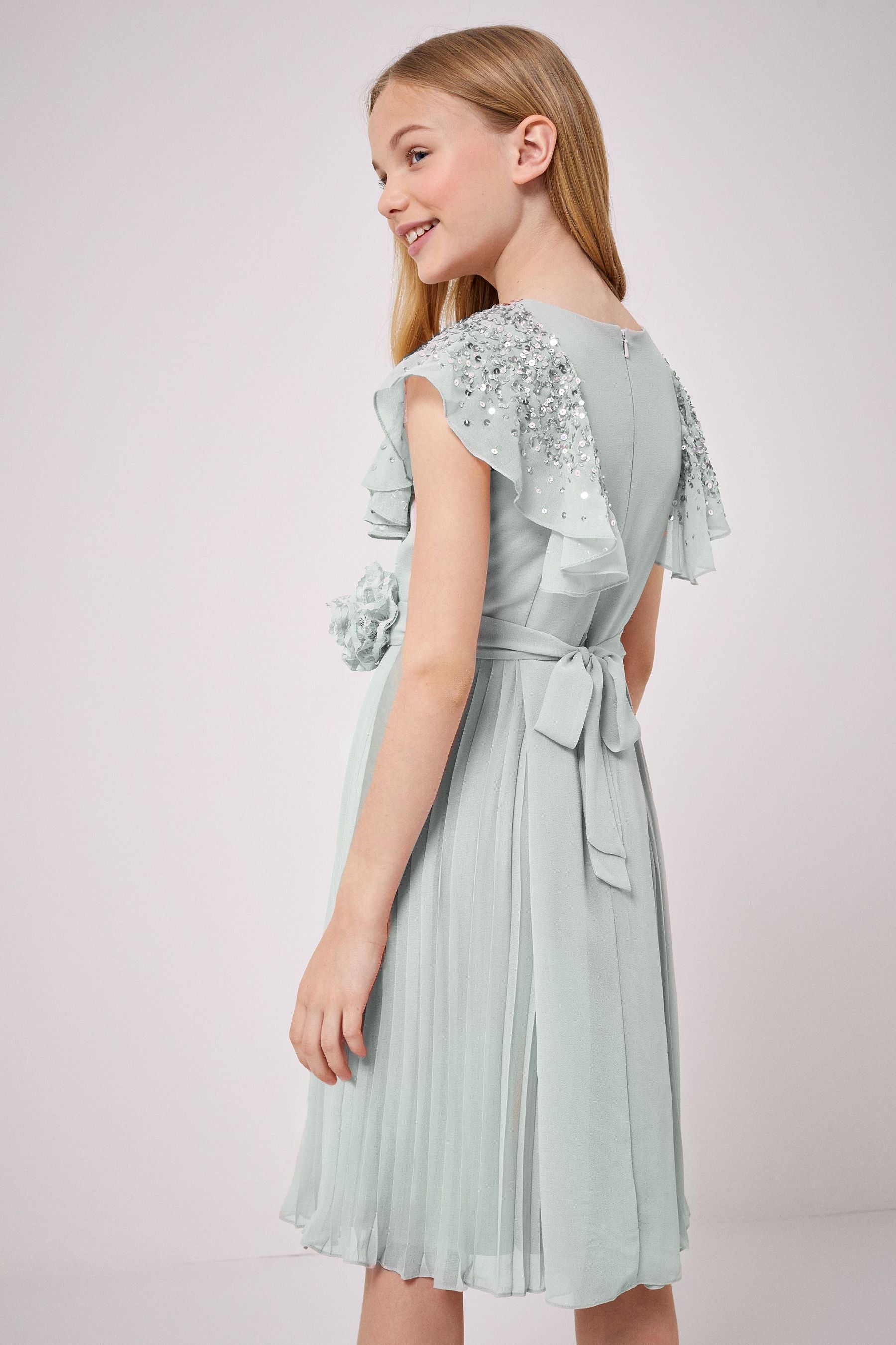 Green Ruffle Sequin Pleated Dress