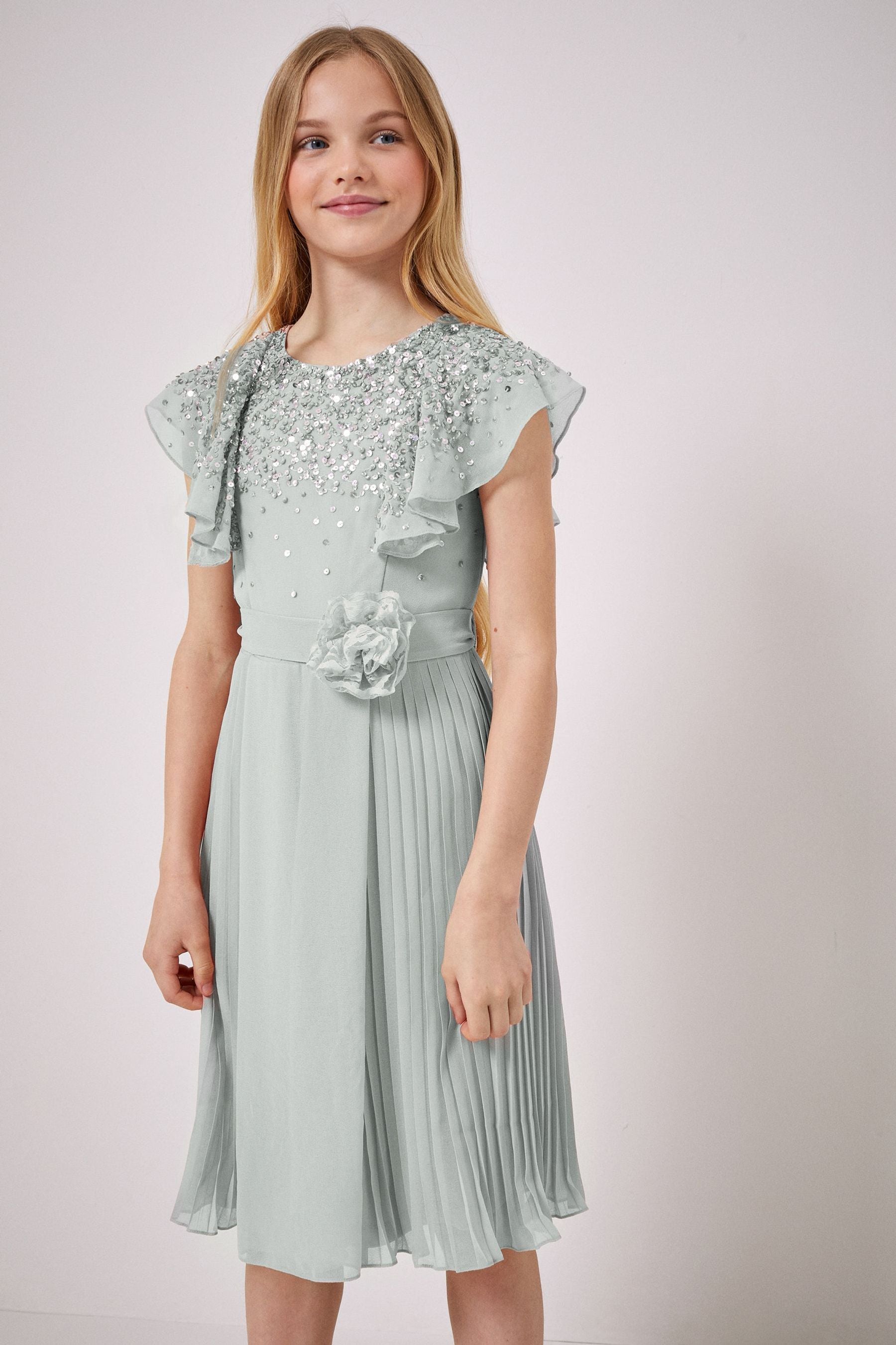 Green Ruffle Sequin Pleated Dress