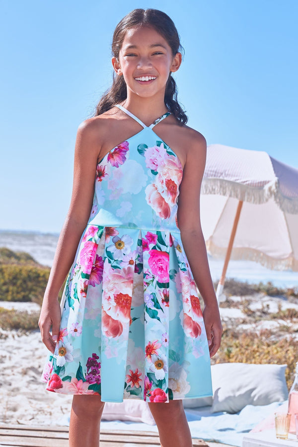 Aqua Blue Floral Scuba Occasion Dress