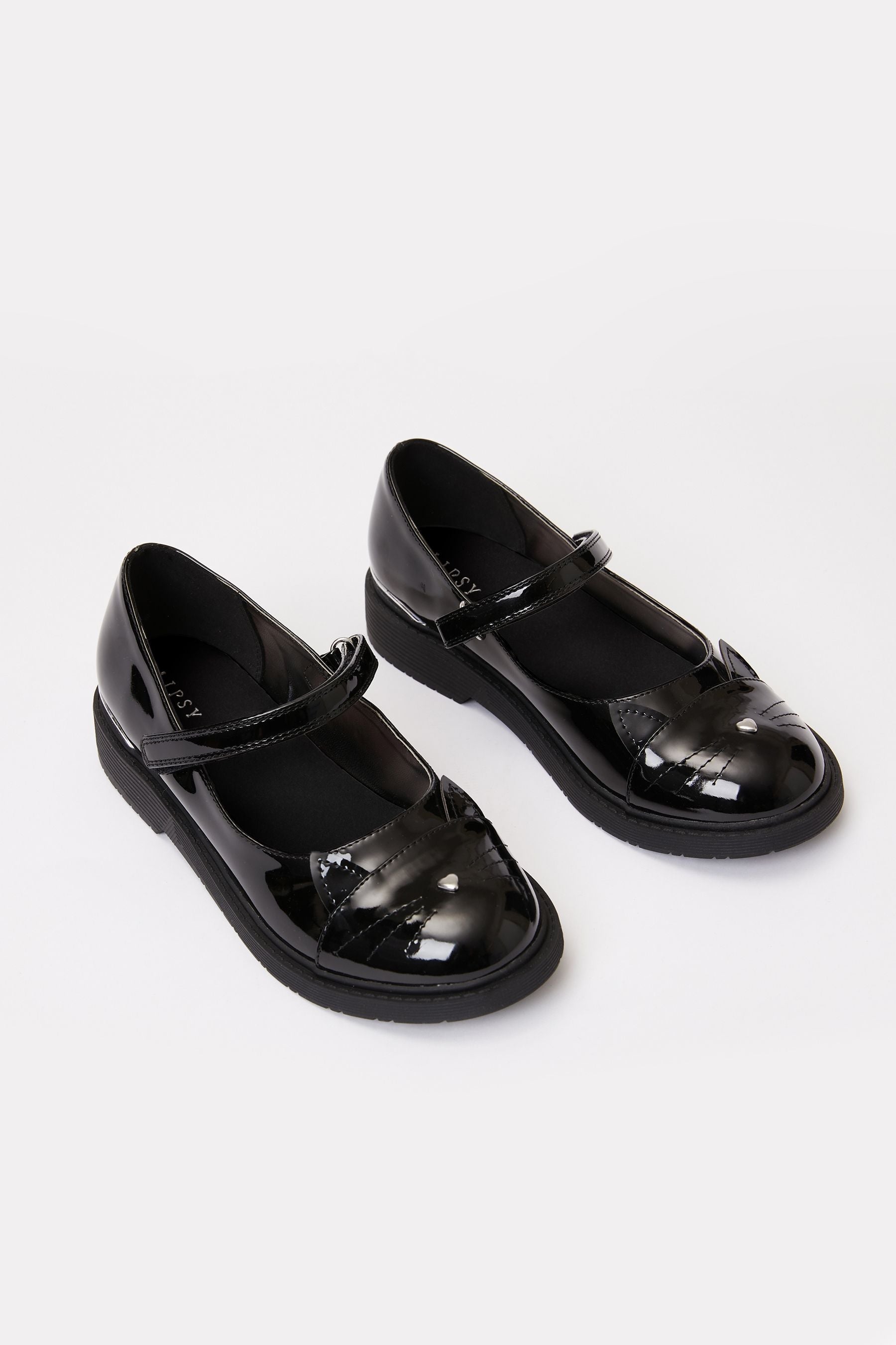 Black Patent Cat Mary Jane Flat School Shoe