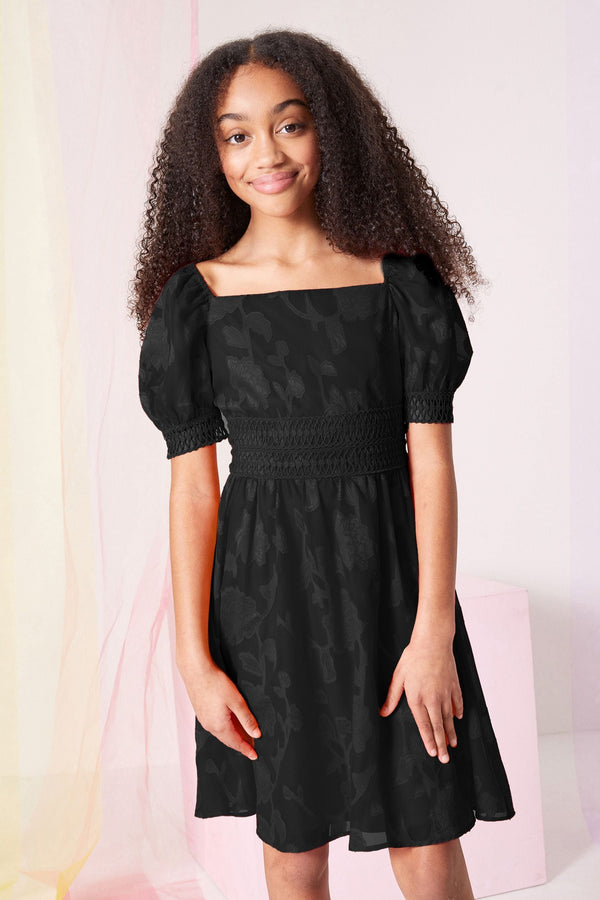 Black Lace Puff Sleeve Occasion Dress