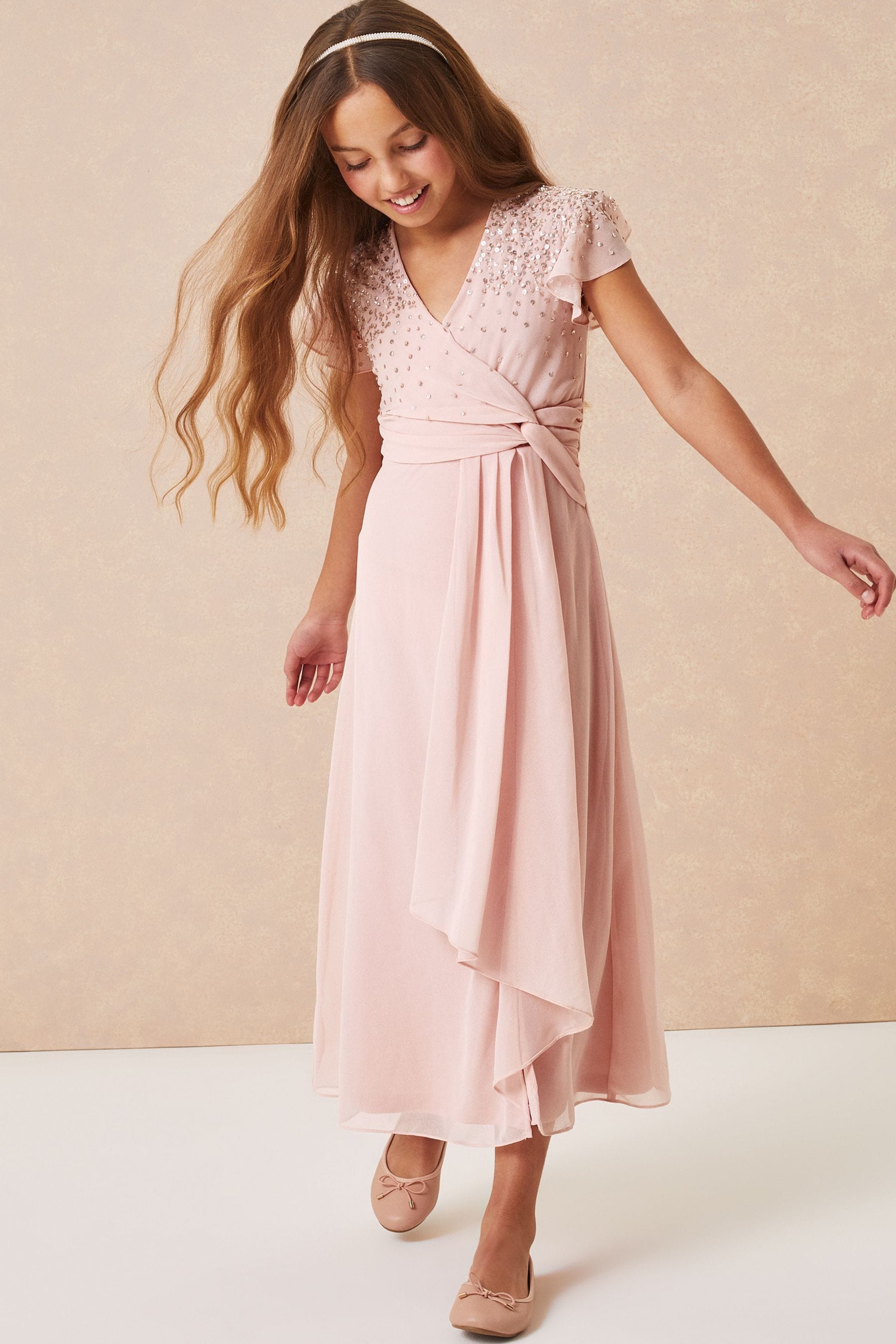 Pink Embellished Angel Sleeve Occasion Maxi Dress - Teen