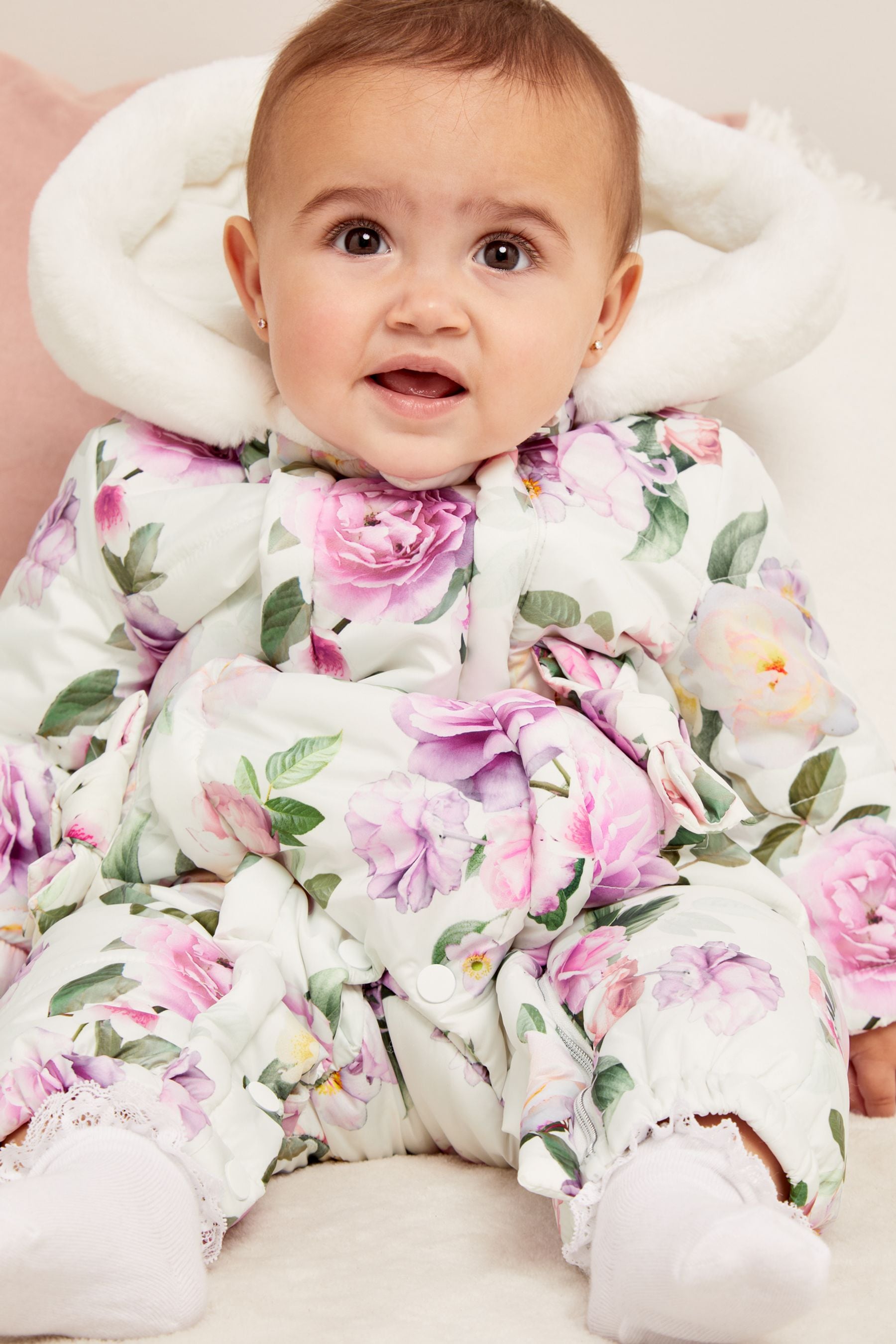 White Floral Snowsuit (0-6yrs)