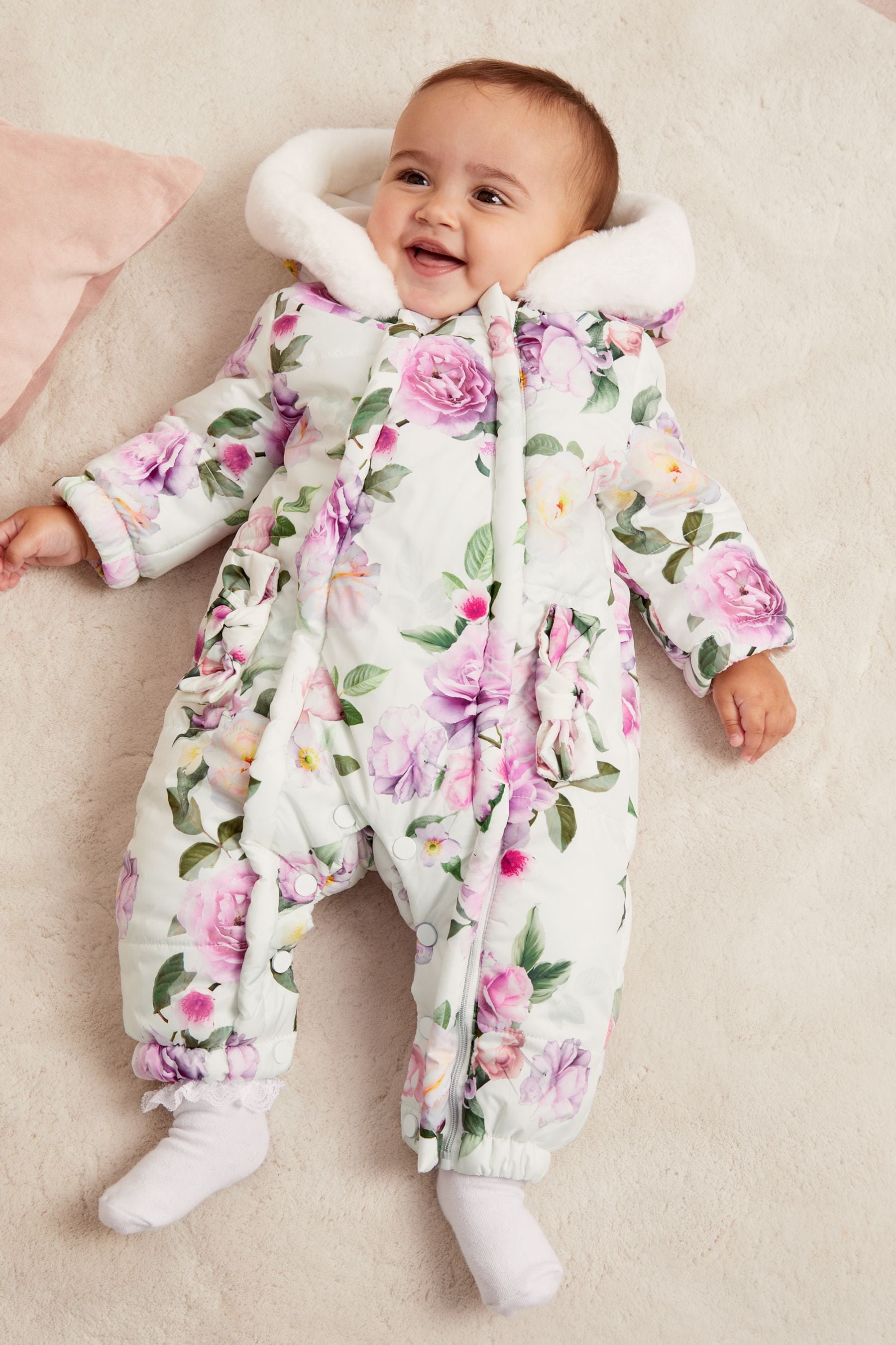 White Floral Snowsuit (0-6yrs)