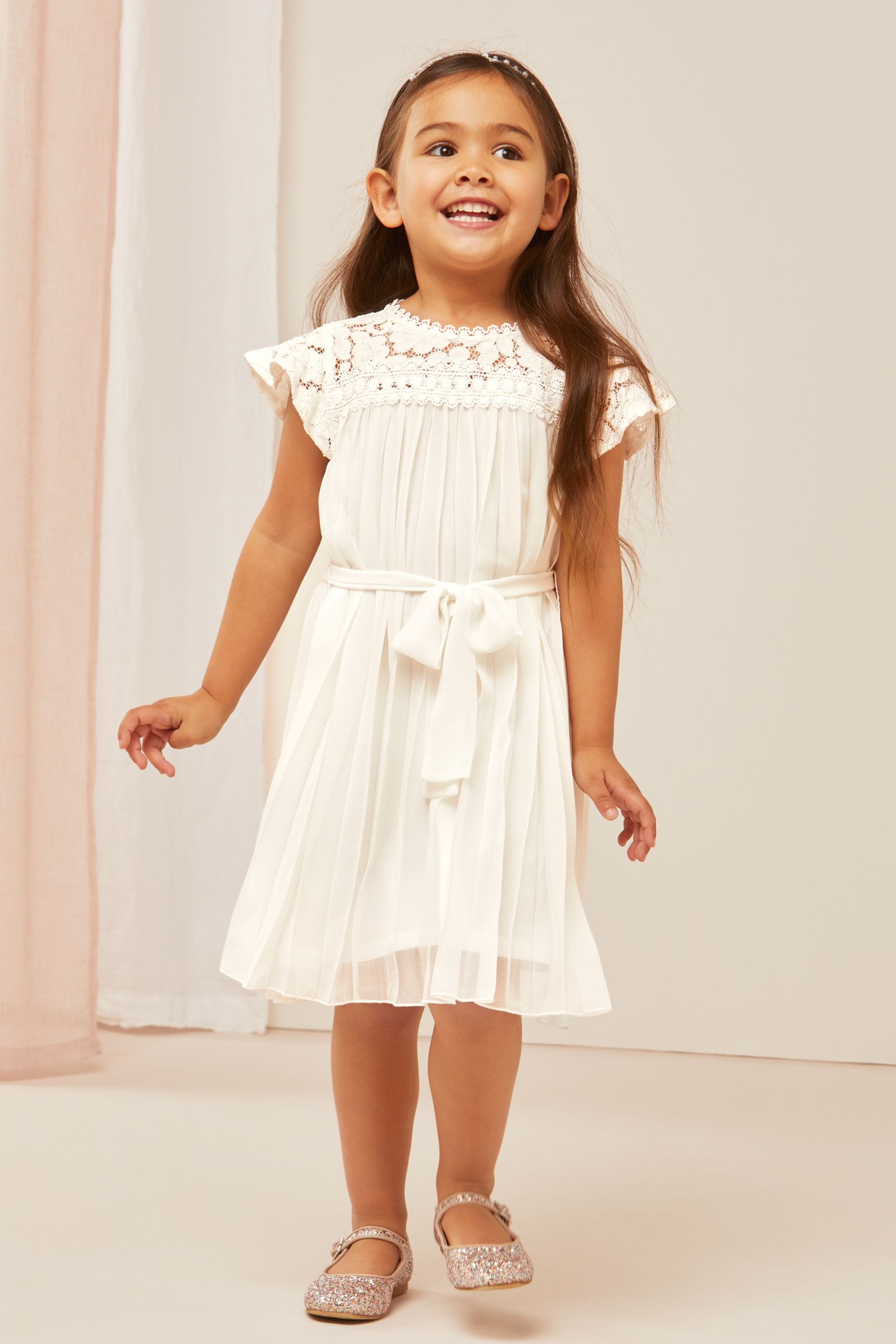 White Mini Lace Yolk Pleated Occasion Dress