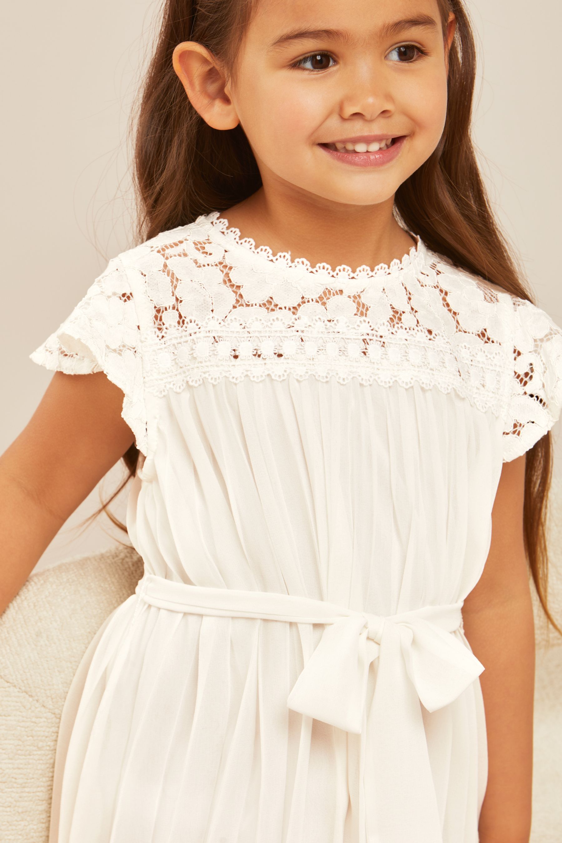 White Mini Lace Yolk Pleated Occasion Dress