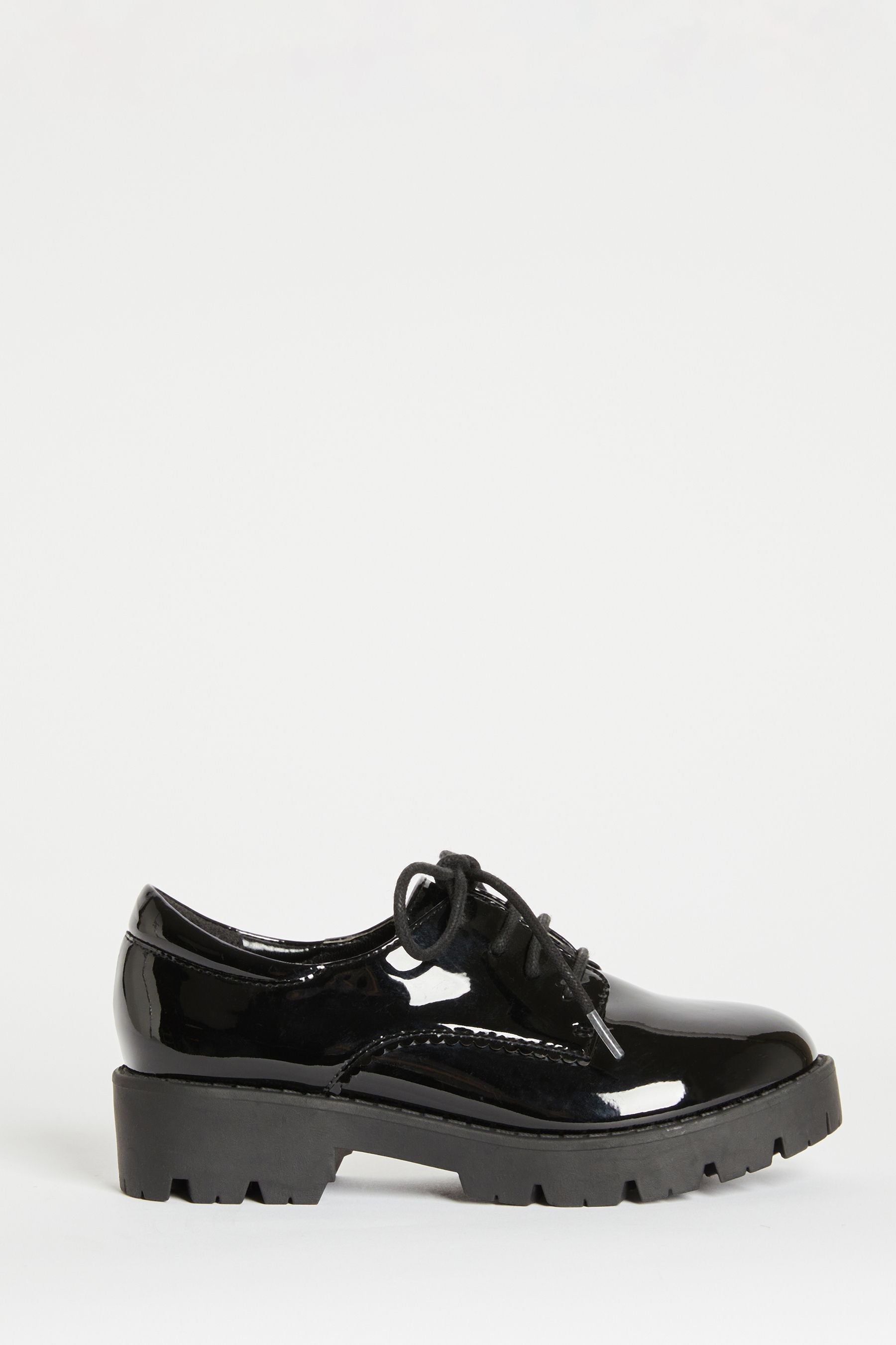 Black Patent Clean Lace Up Chunky Brogue School Shoe