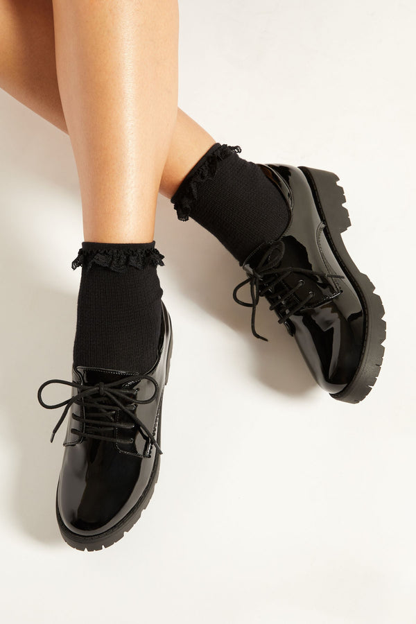 Black Patent Clean Lace Up Chunky Brogue School Shoe