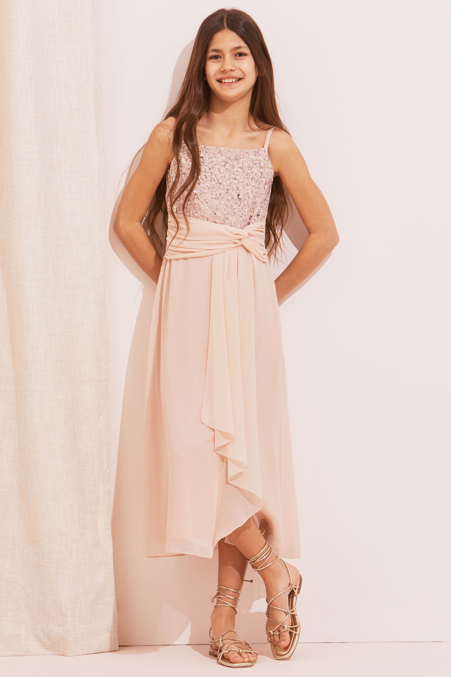 Pink Embellished Strap Maxi Occasion Dress