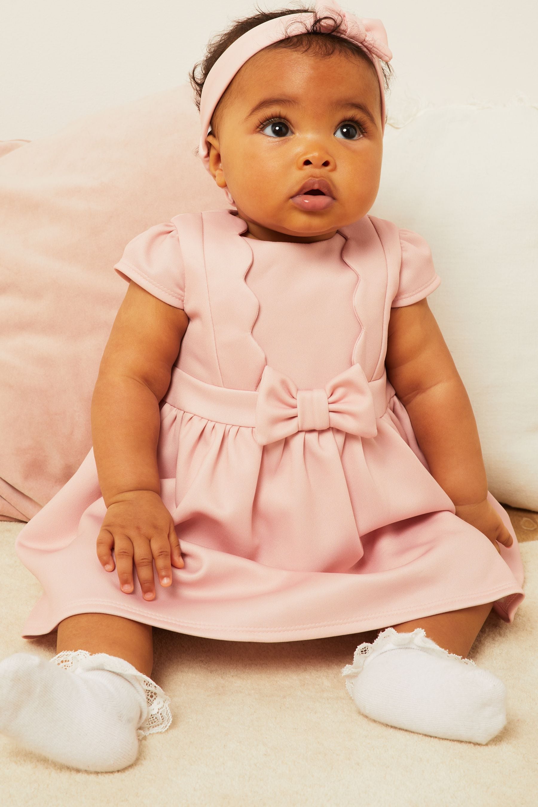 Pink Baby Scallop Scuba Dress With Headband