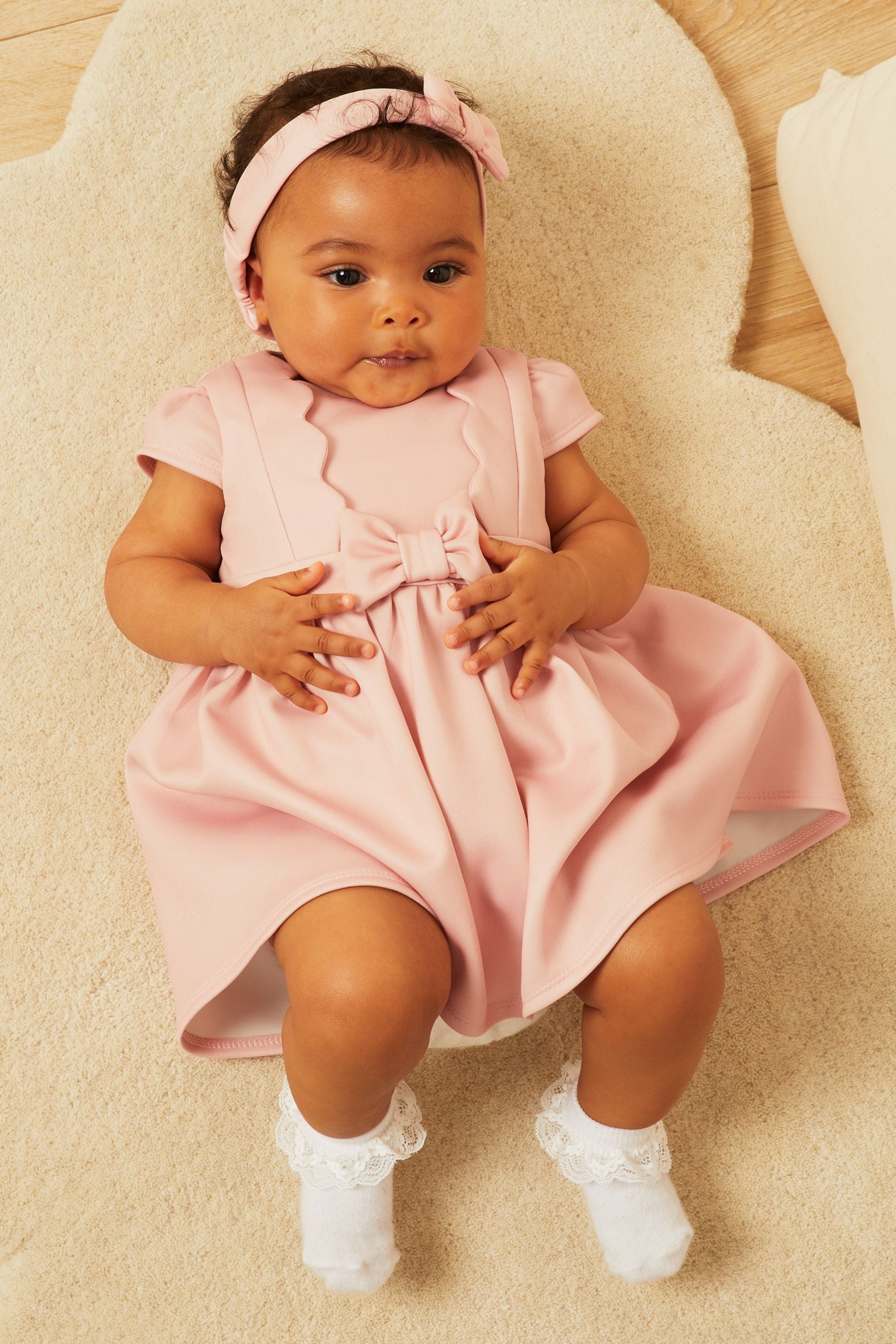 Pink Baby Scallop Scuba Dress With Headband