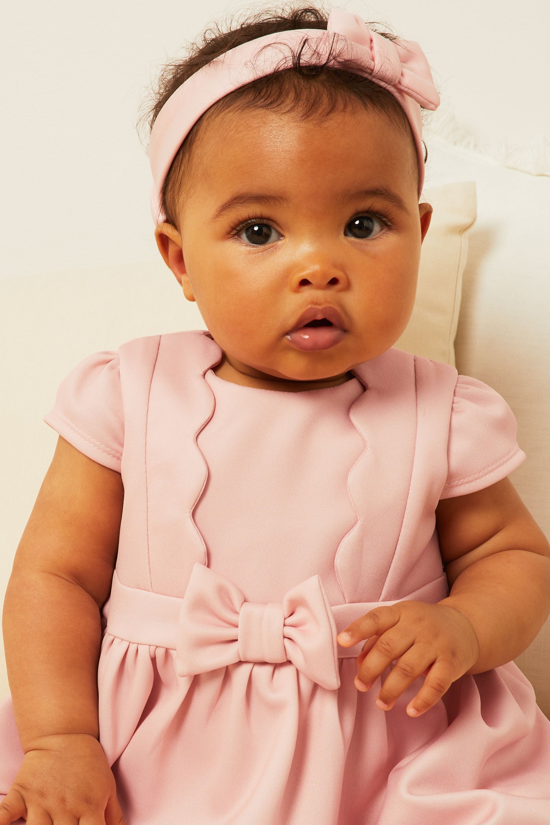 Pink Baby Scallop Scuba Dress With Headband