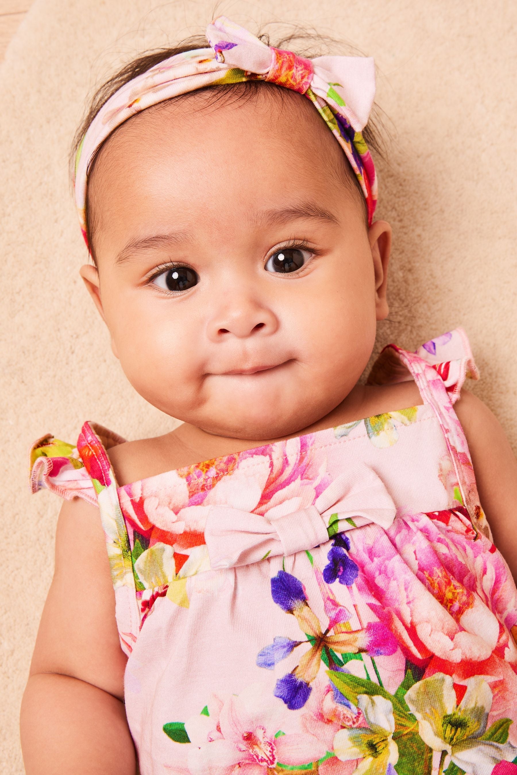 Pink Baby Jersey Frill Short Romper With Headband