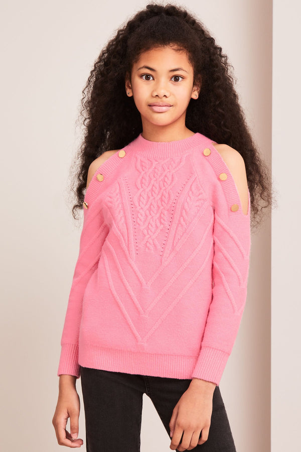 Pink Cold Shoulder Knitted Jumper