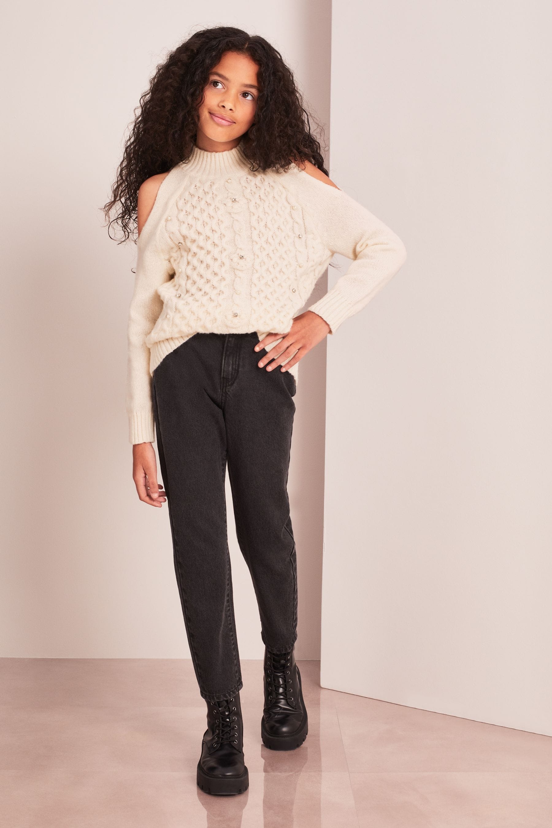 Cream Cold Shoulder Knitted Jumper