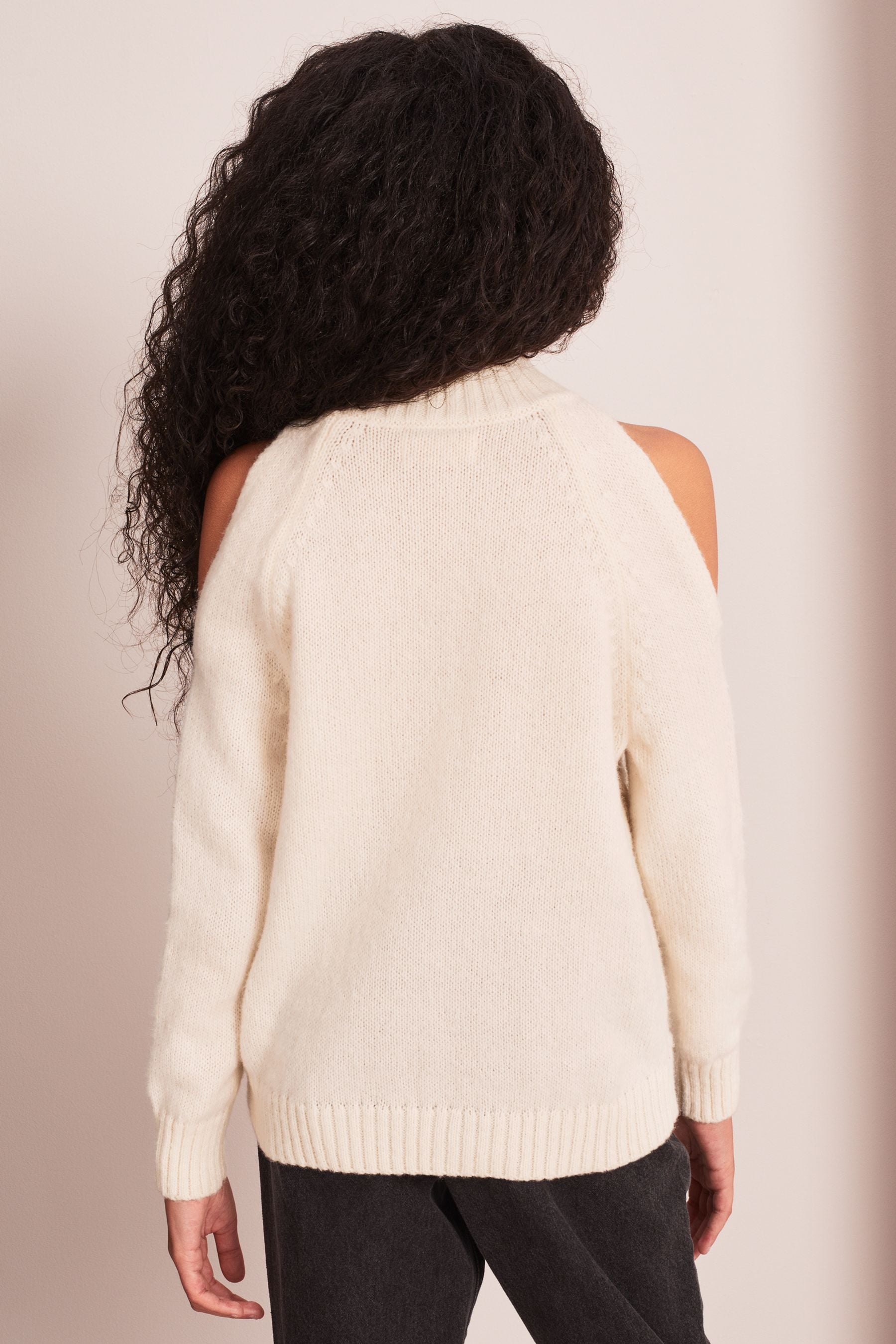 Cream Cold Shoulder Knitted Jumper