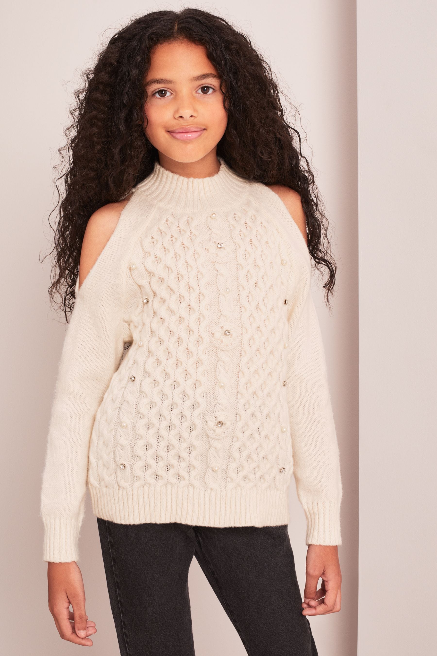 Cream Cold Shoulder Knitted Jumper