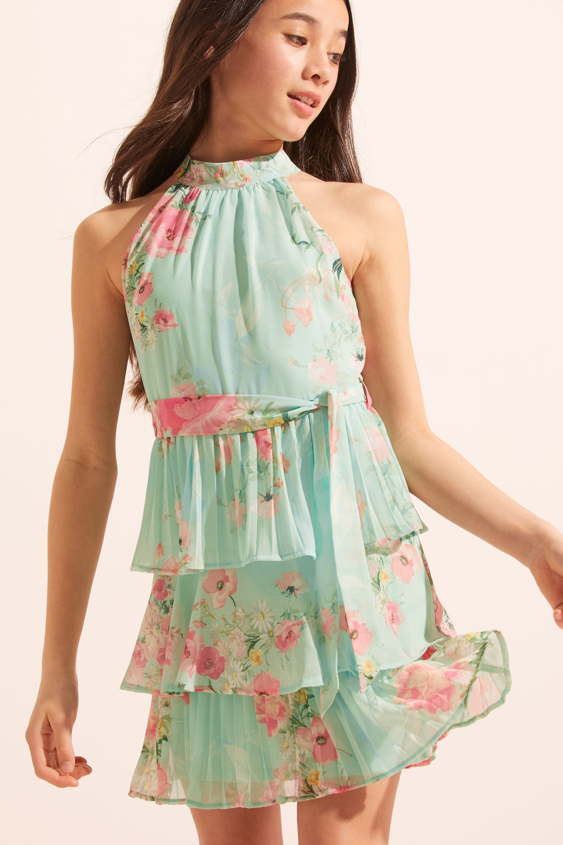 Mint Green Pleated Halter Belted Dress