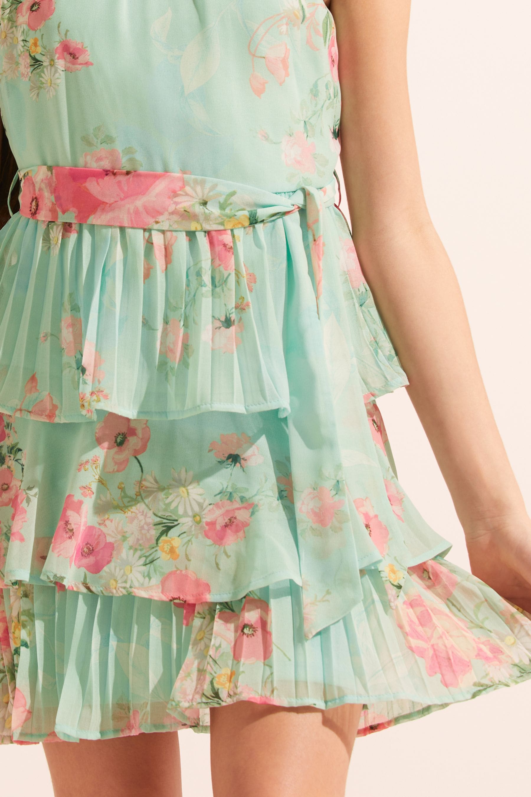 Mint Green Pleated Halter Belted Dress