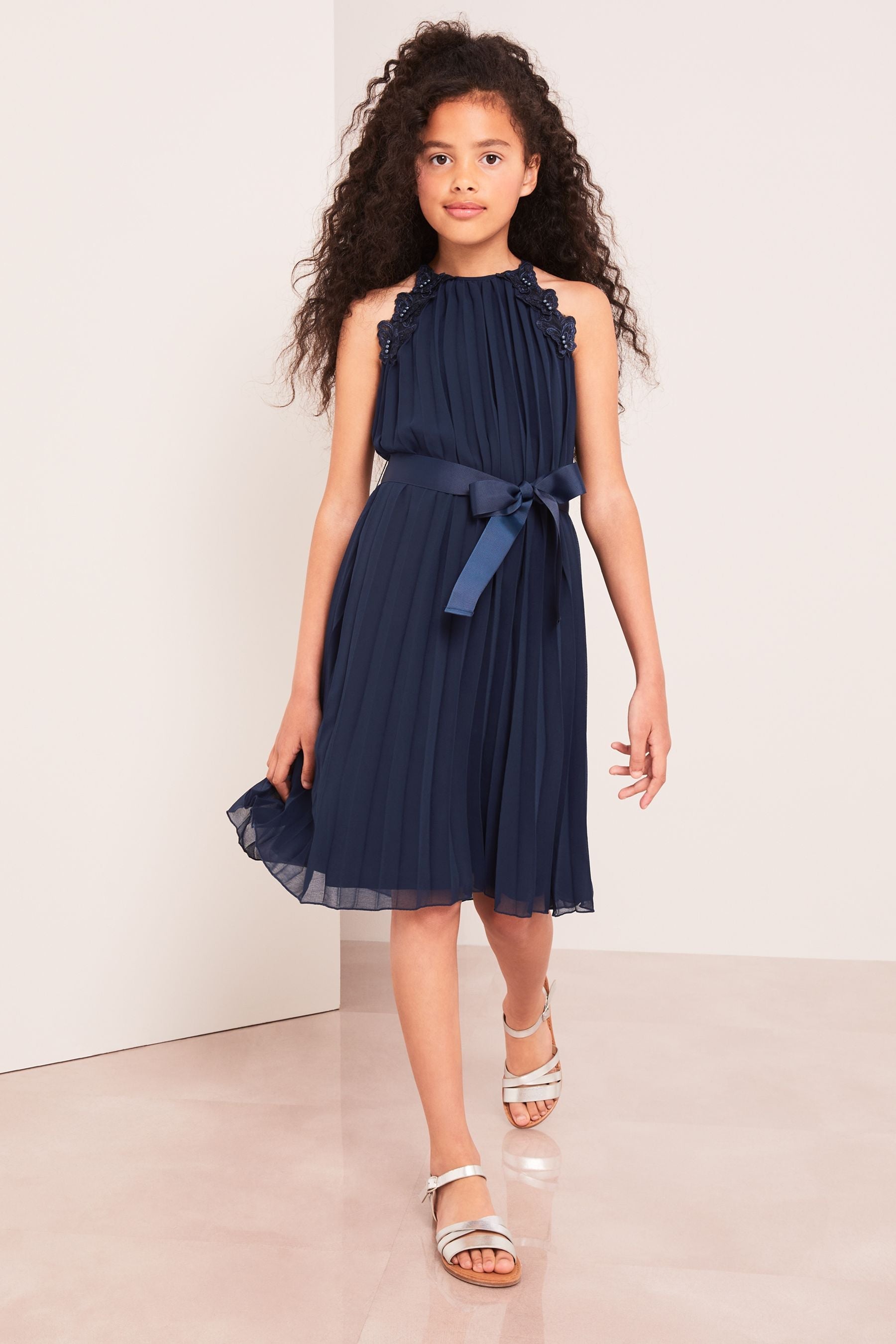 Navy Pleated Chiffon Occasion Dress