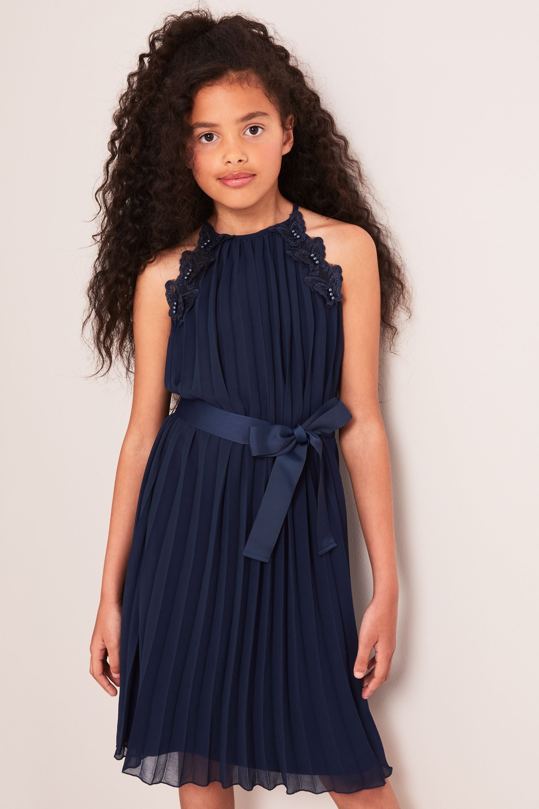 Navy Pleated Chiffon Occasion Dress