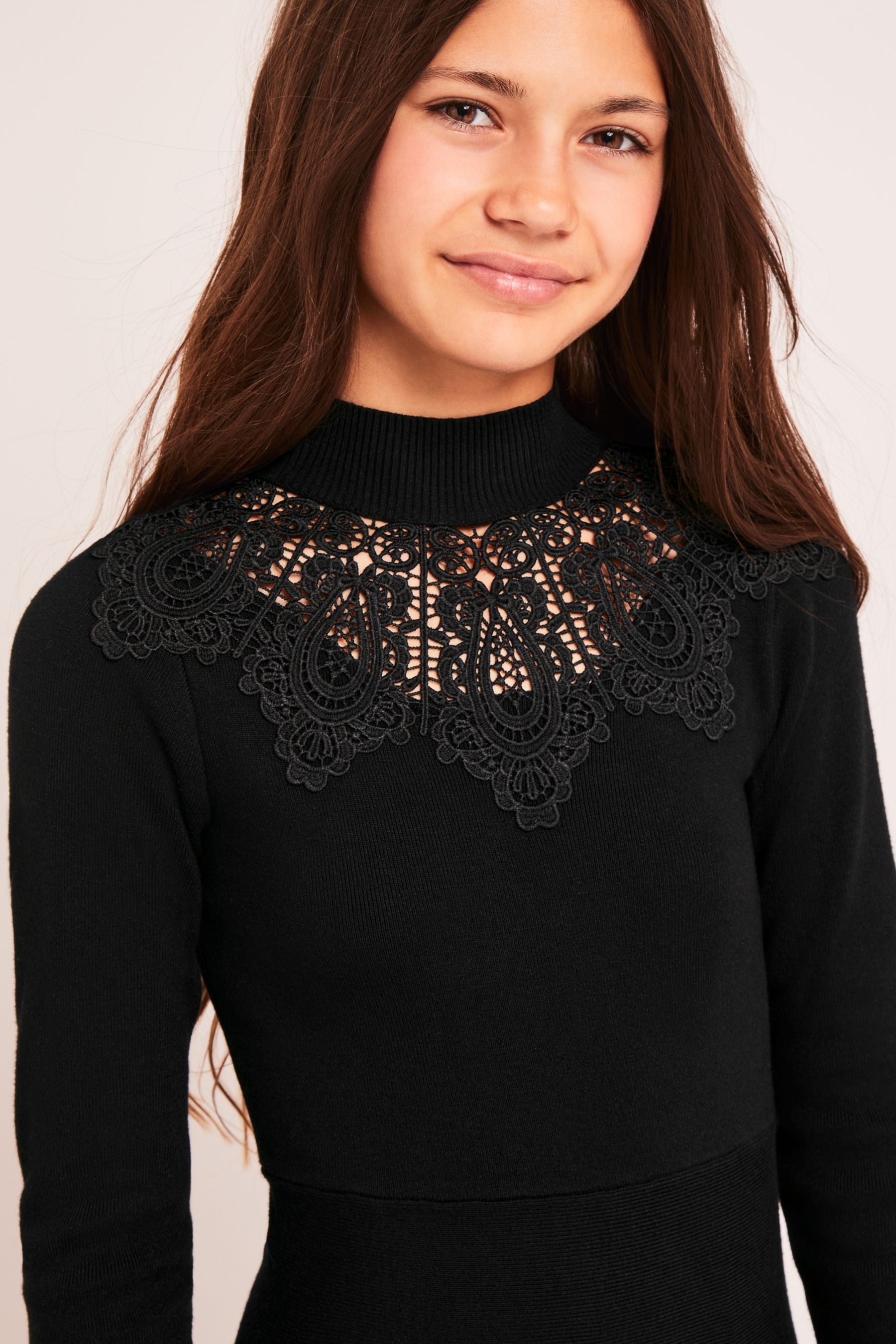 Black Lace Yoke Long Sleeve Knitted Dress